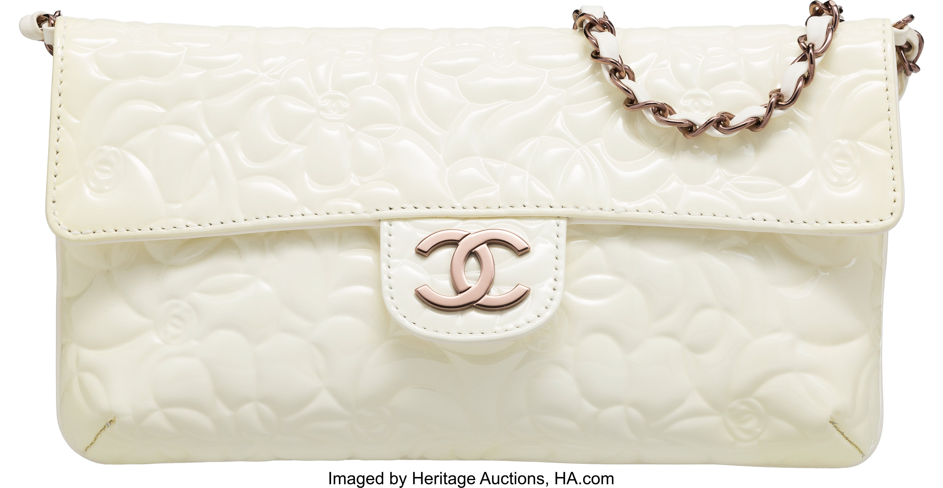 Chanel White Patent Leather Camellia Embossed Clutch with Rose