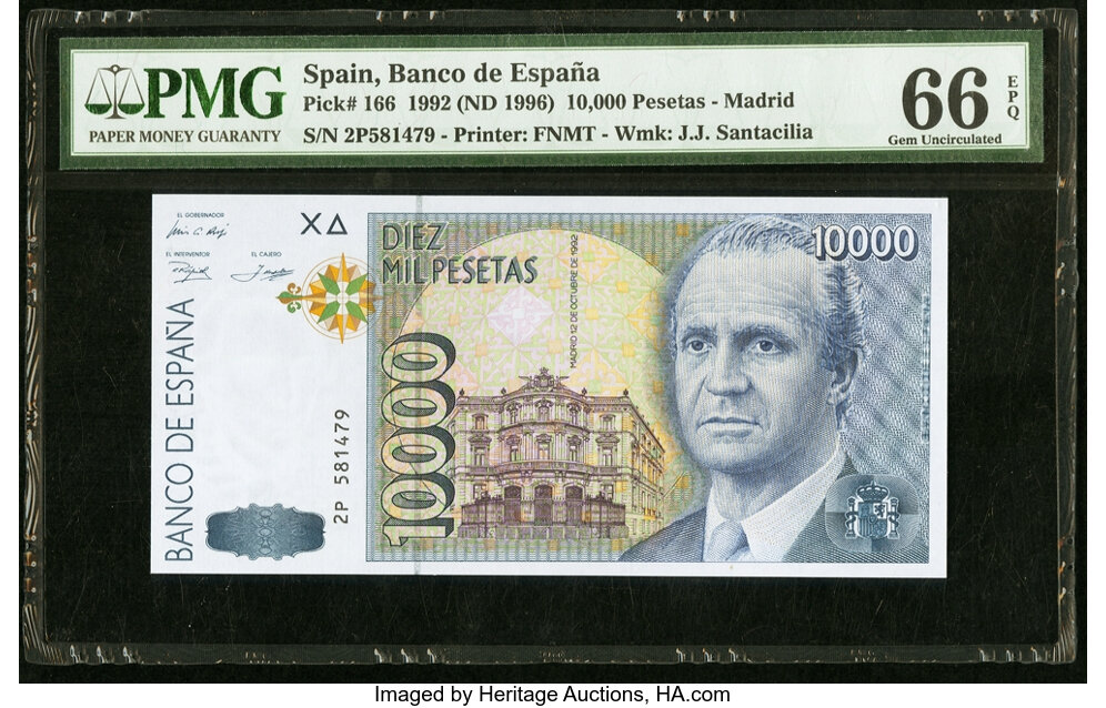 Spain Banco de Espana 10,000 Pesos 1992 (ND 1996) Pick 166 PMG Gem