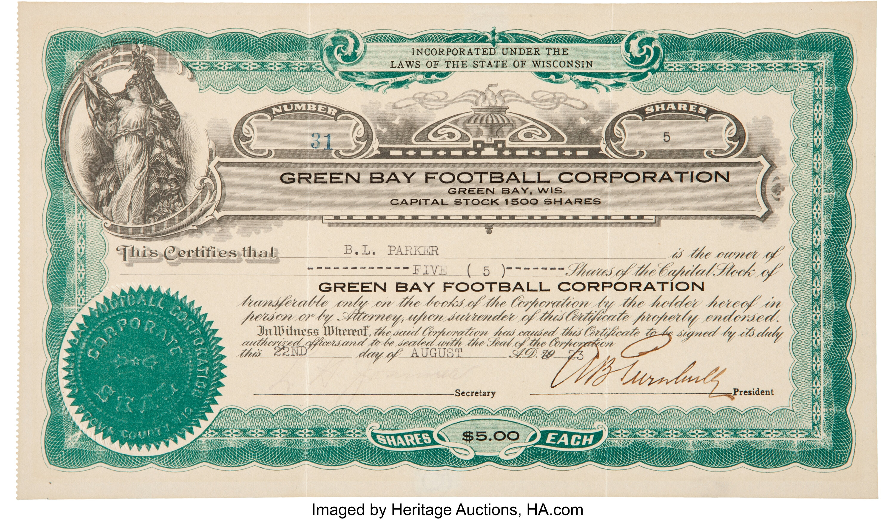 1923 Green Bay Packers Stock Certificate Football Collectibles