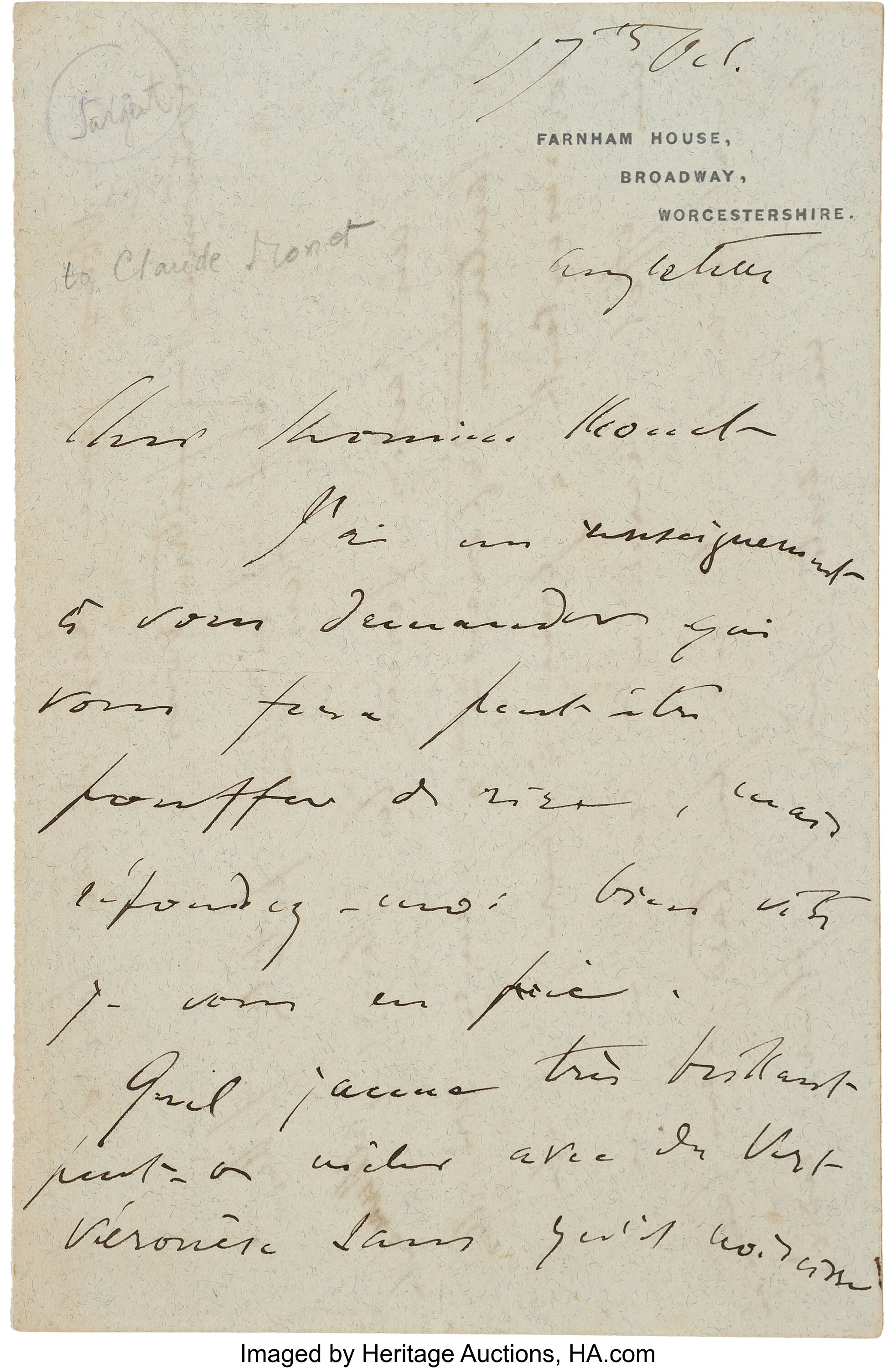 John Singer Sargent. Autograph Letter Signed. . ... Books | Lot #45087 ...