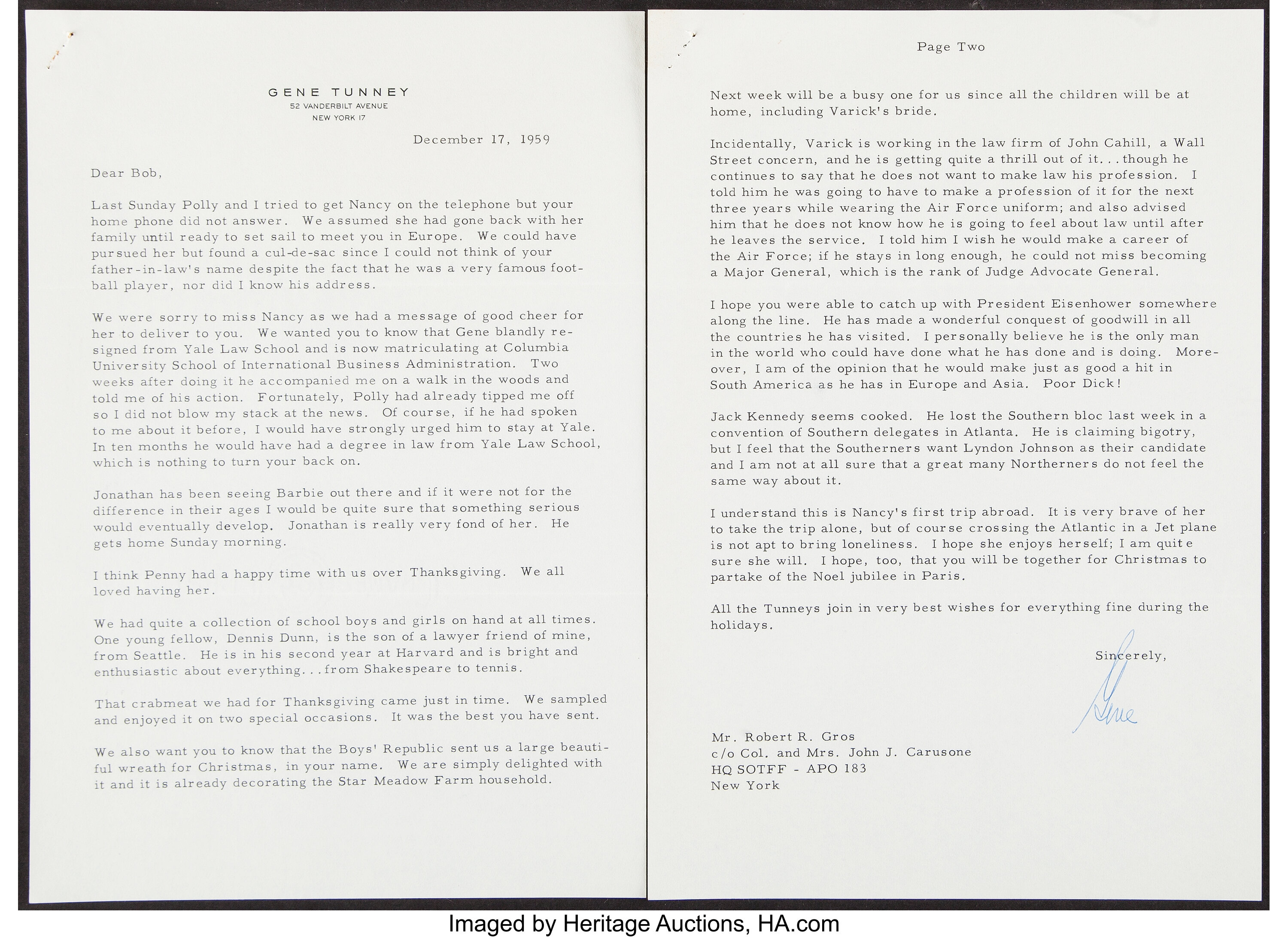 1959 Gene Tunney Signed Typed Two-Page Letter.... Autographs | Lot