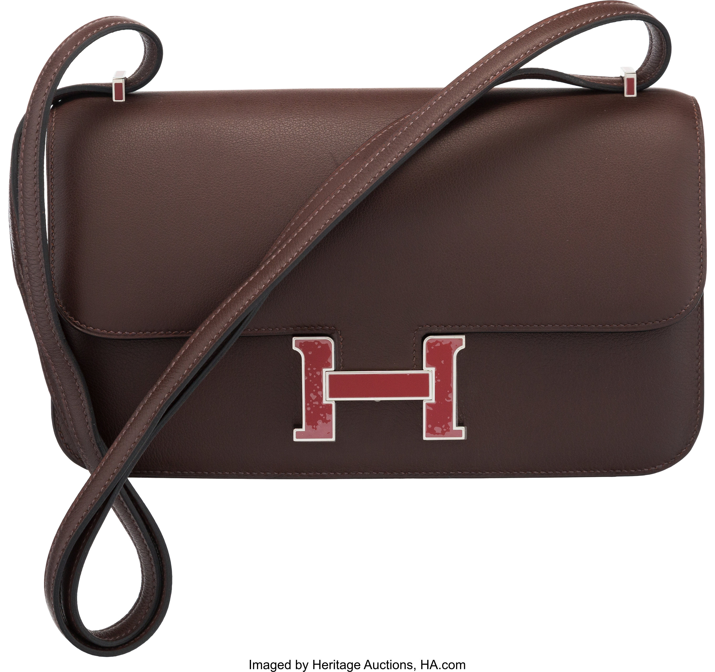 Hermès 25cm Havane & Rouge H Swift Leather Constance Elan Bag with, Lot  #58164