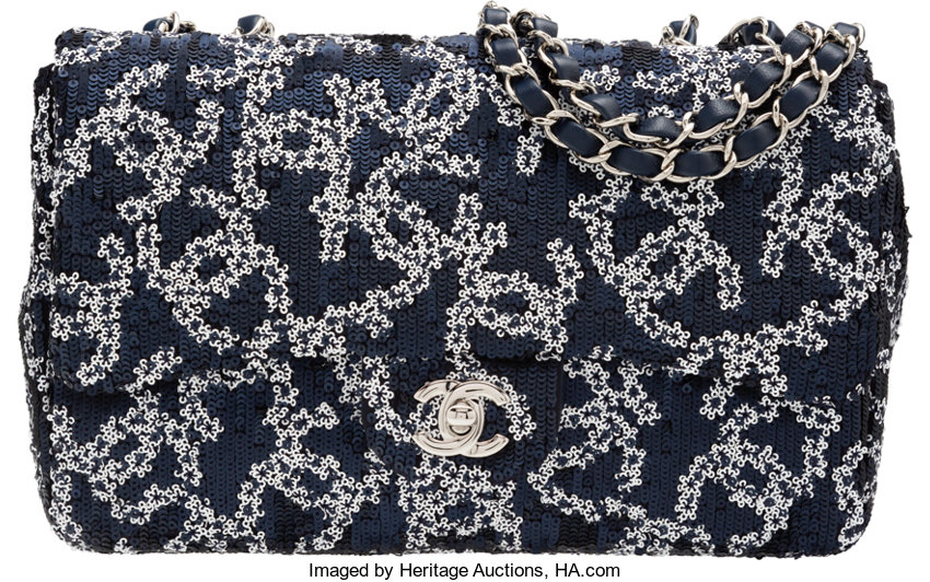 Chanel Navy Blue & White Sequin Medium Flap Bag. Condition: 1. 10, Lot  #58109
