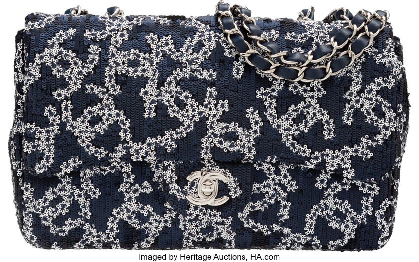 Authentic CHANEL Sequin Flap Bag Deep Navy Blue