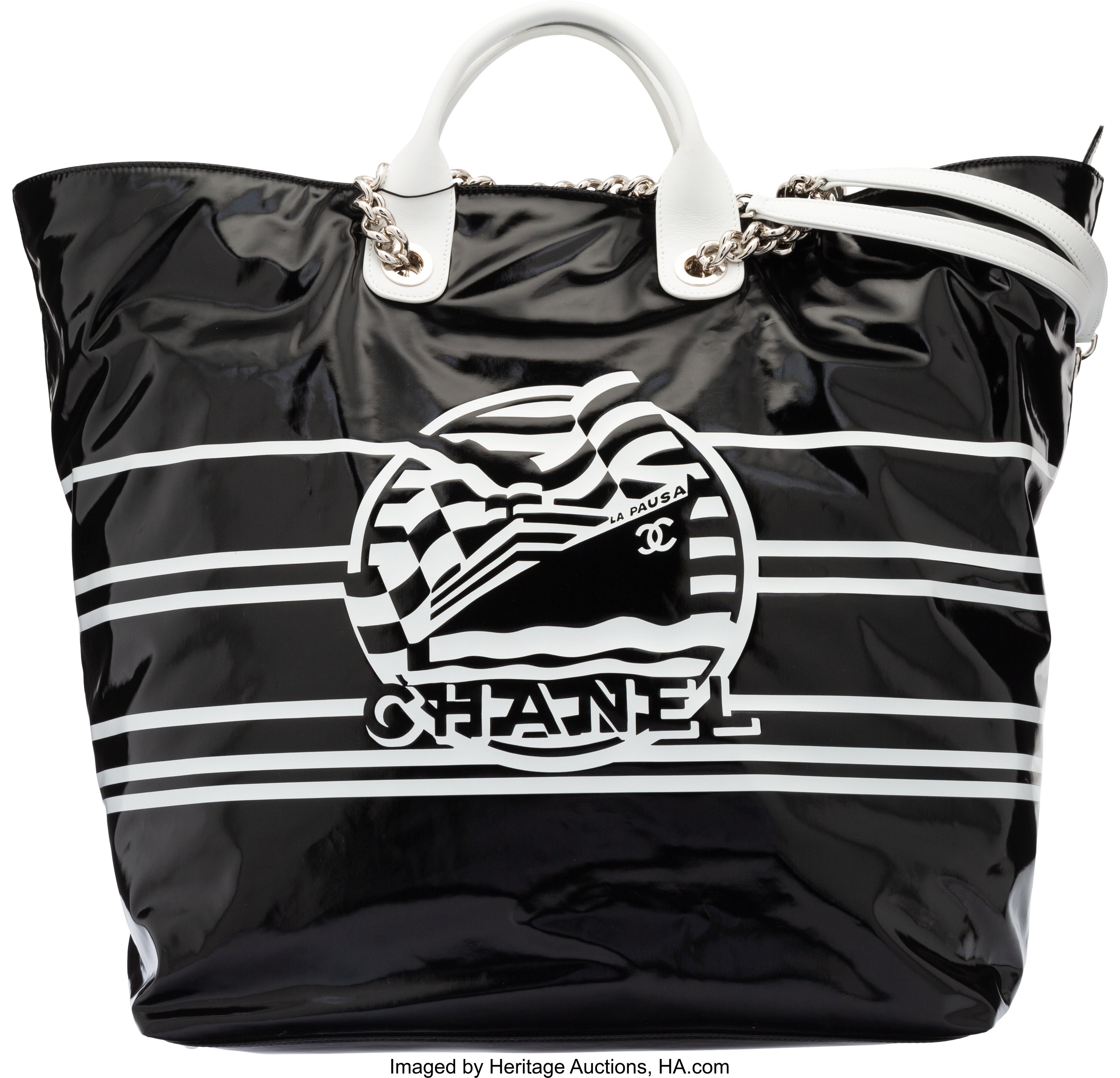 CHANEL/香奈儿LA PAUSA Logo back pack 塑胶Black/White/Silver hadware(黑色/白色–  BRANDSHOP-RESHINE