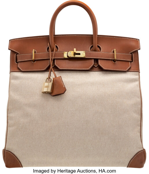 Hermes HAC Birkin Bag Toile and Brown Barenia with Gold Hardware