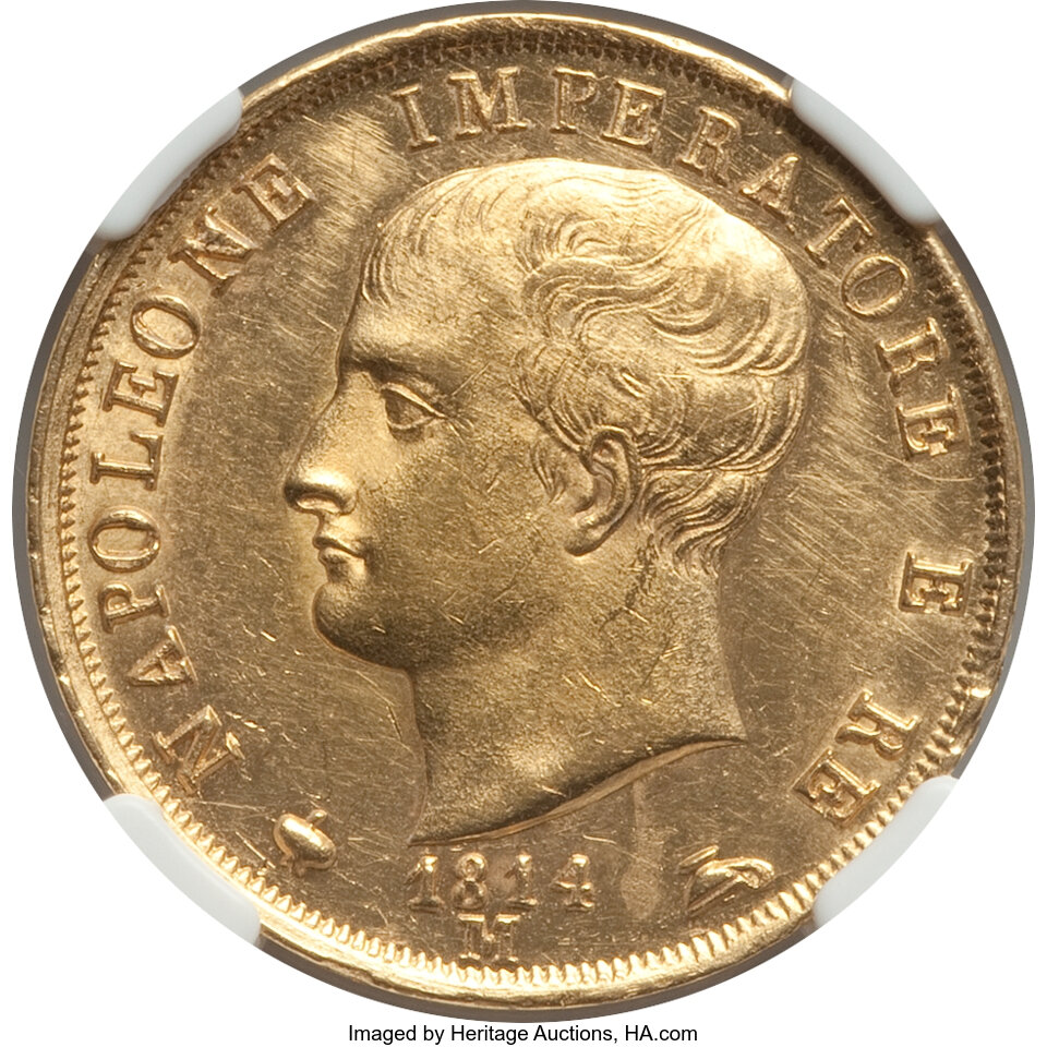 Italy: Kingdom of Napoleon. Napoleon gold 40 Lire 1814-M AU Details ...