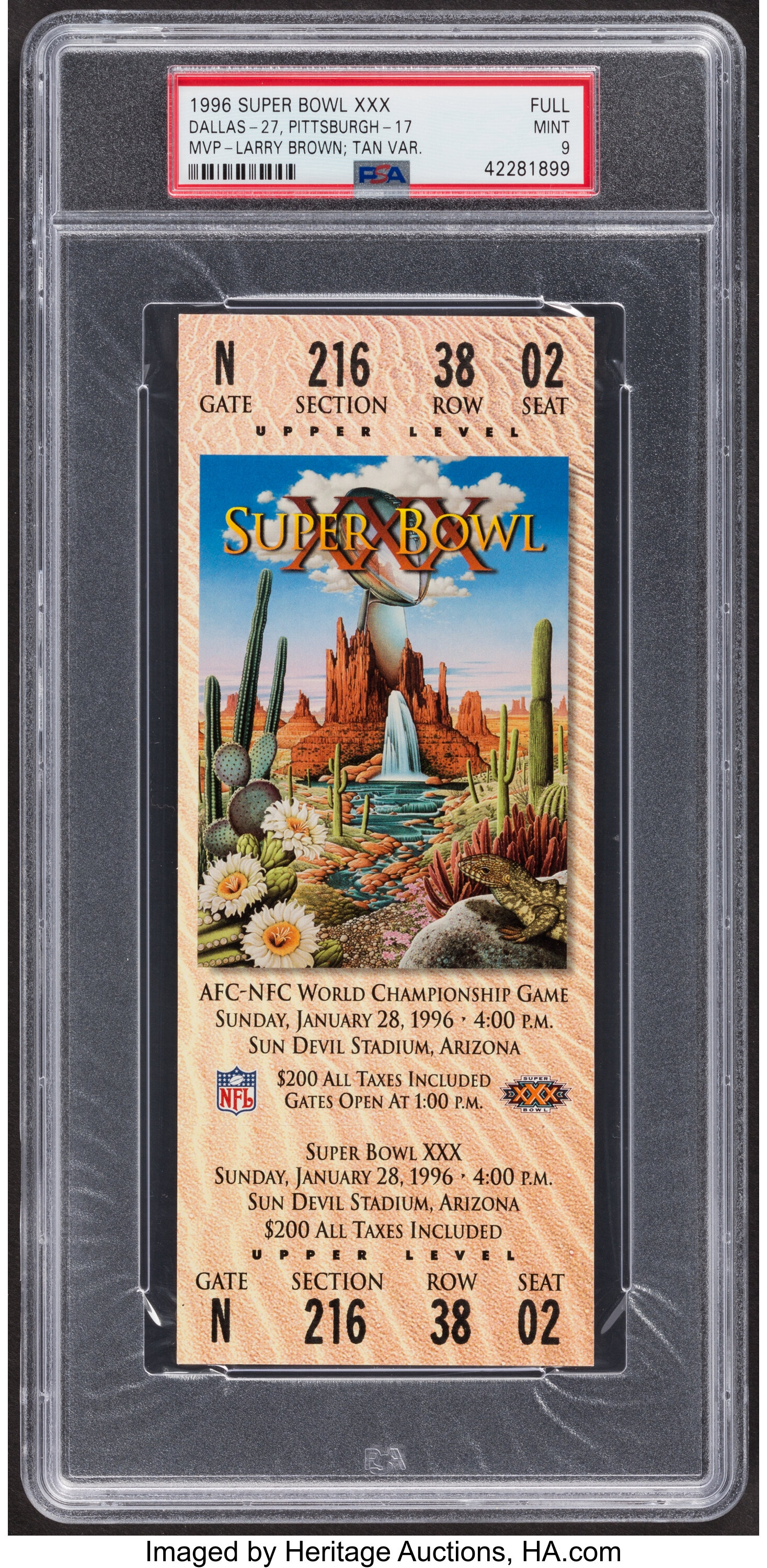 1996 Super Bowl XXX (Tan) Full Ticket PSA Mint 9- Dallas Cowboys, Lot  #41115