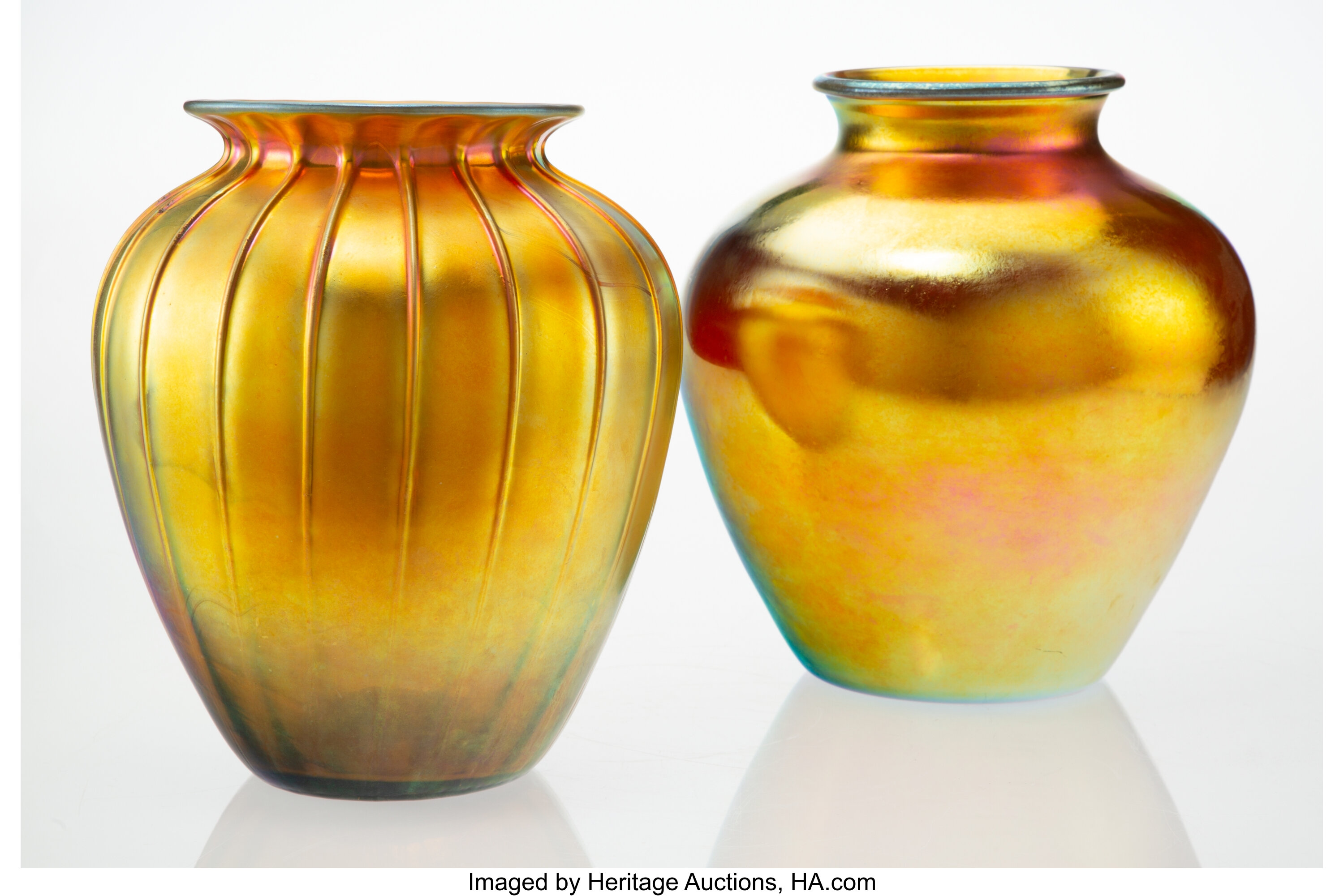 Two Steuben Gold Aurene Glass Vases Circa 1920 Marks Stueben