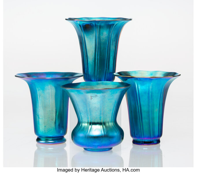 Four Steuben Blue Aurene Glass Shade Vases Circa 1910 Marks