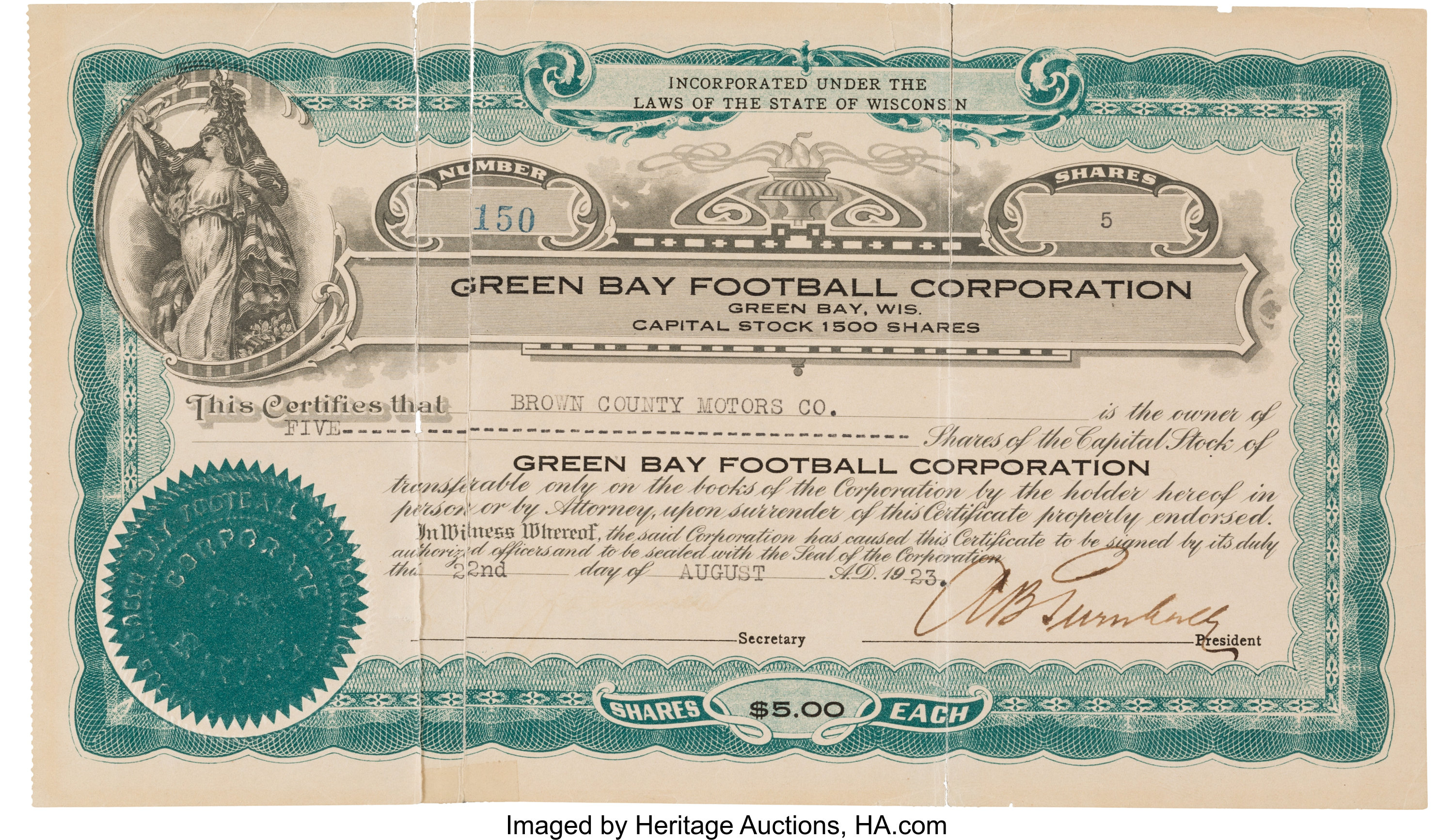 1923 Green Bay Packers Stock Certificate. Football Collectibles, Lot  #53040