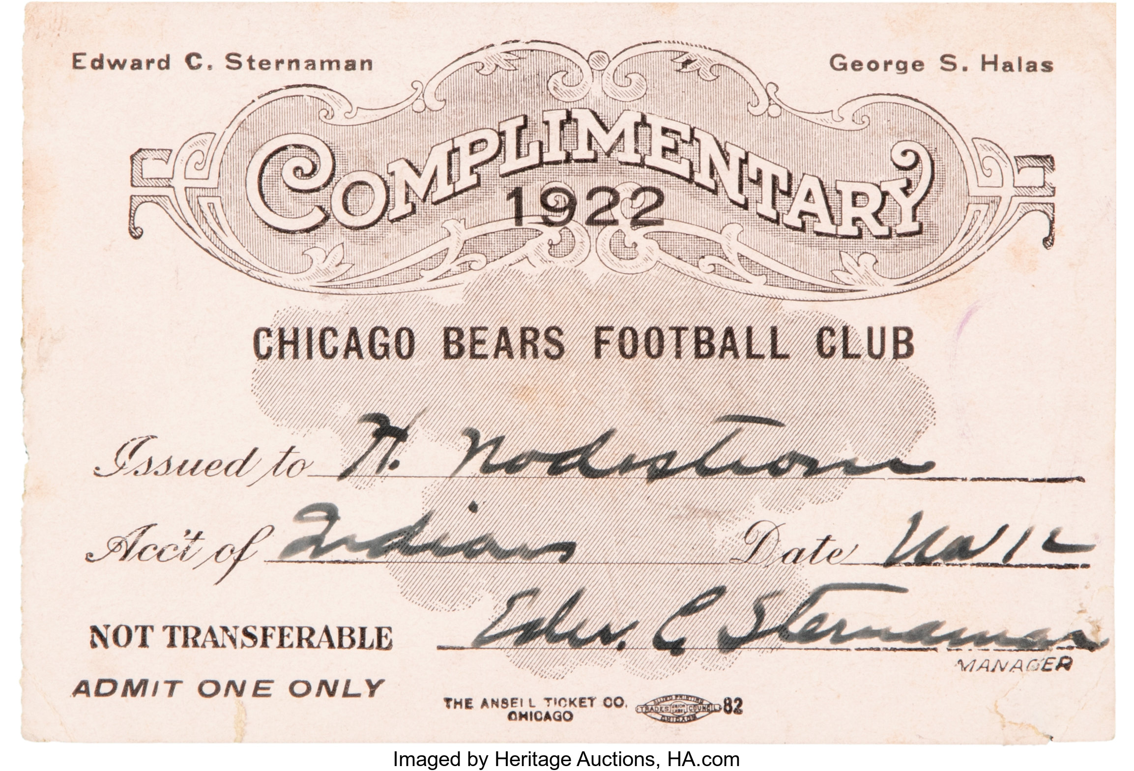 1922 Chicago Bears vs. Jim Thorpe's Oorang Indians Game Pass