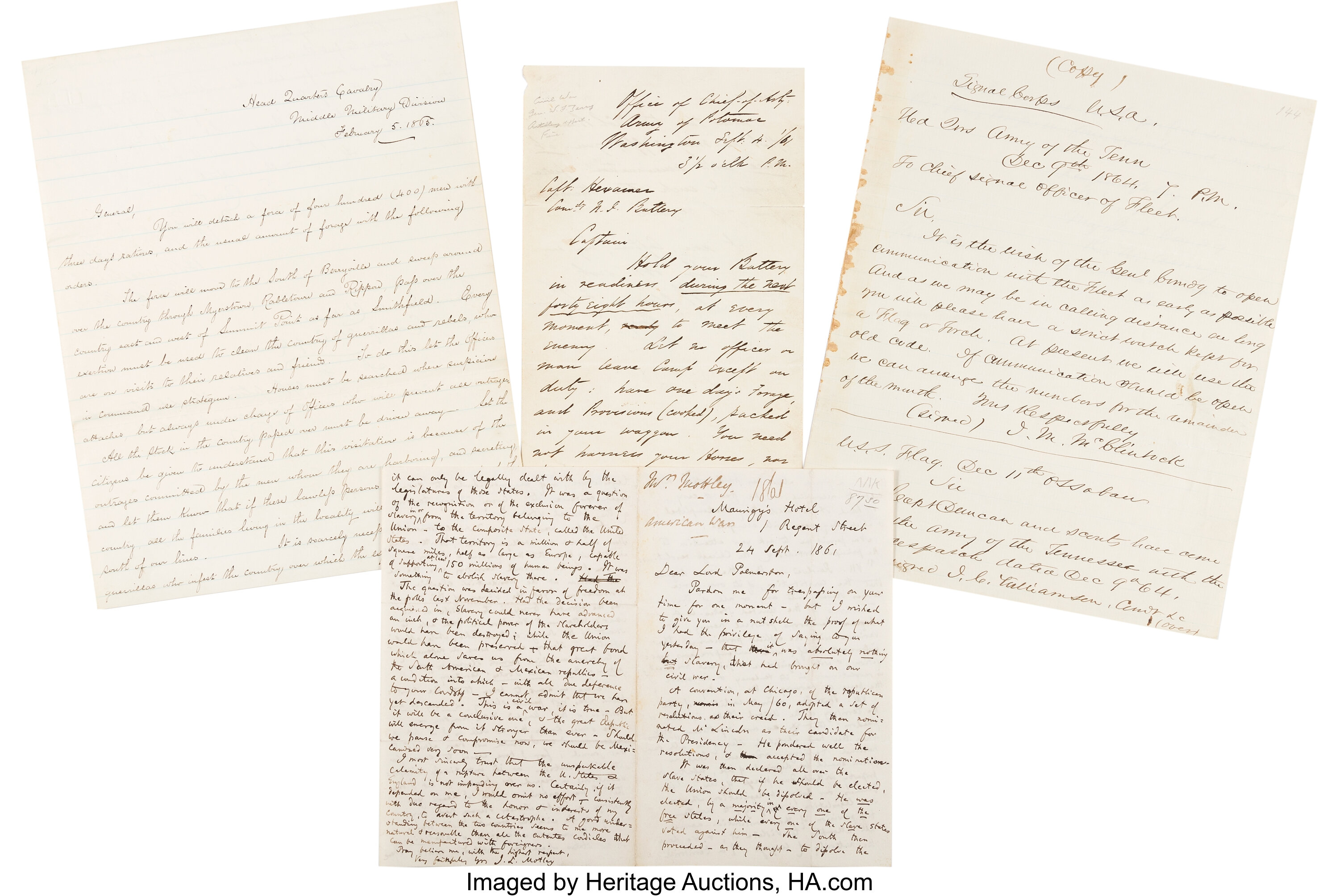 [Civil War]. Three Autograph Letters Signed, Two from Union | Lot ...