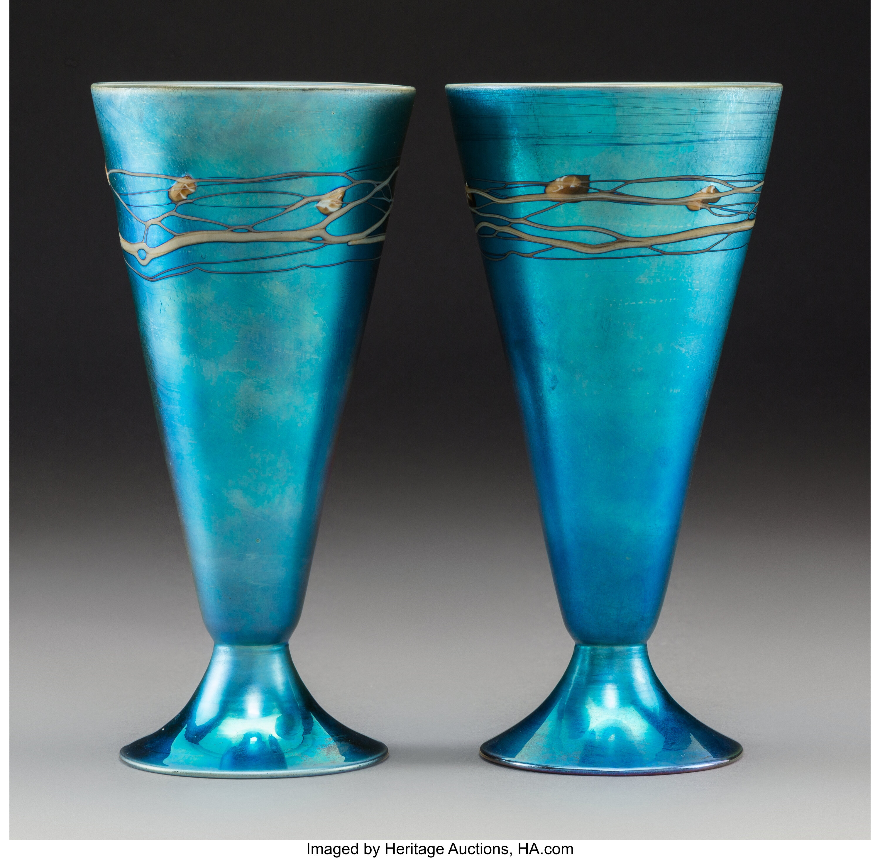 Pair Of Steuben Blue Aurene Glass Vases Circa 1900 Marks