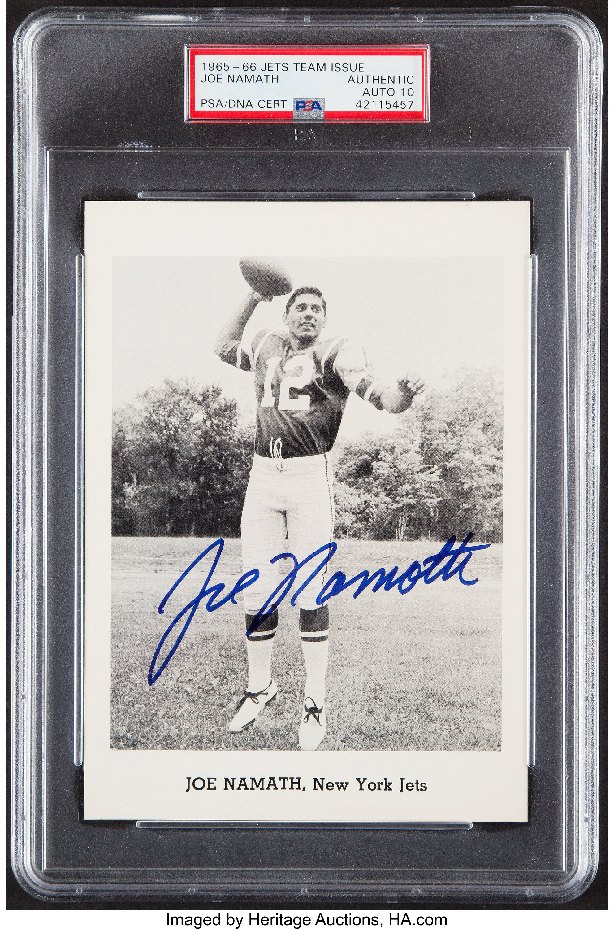 Joe Namath Autographed 1965/66 Jets Team Issue Photo Rookie Card (PSA)