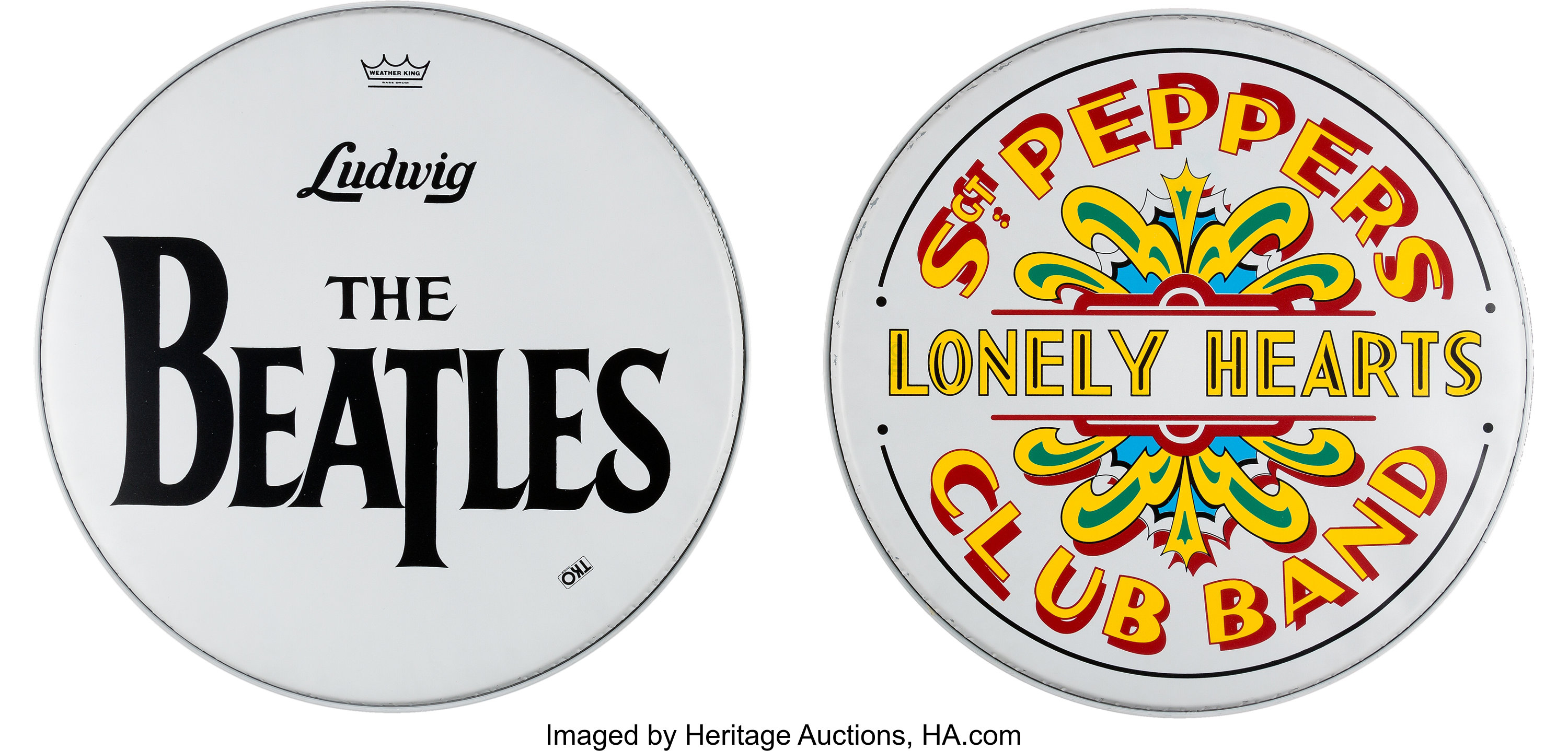 The Beatles Bass Drum Heads - Drop T Logo and Sgt. Pepper (2).. ... | Lot  #89859 | Heritage Auctions