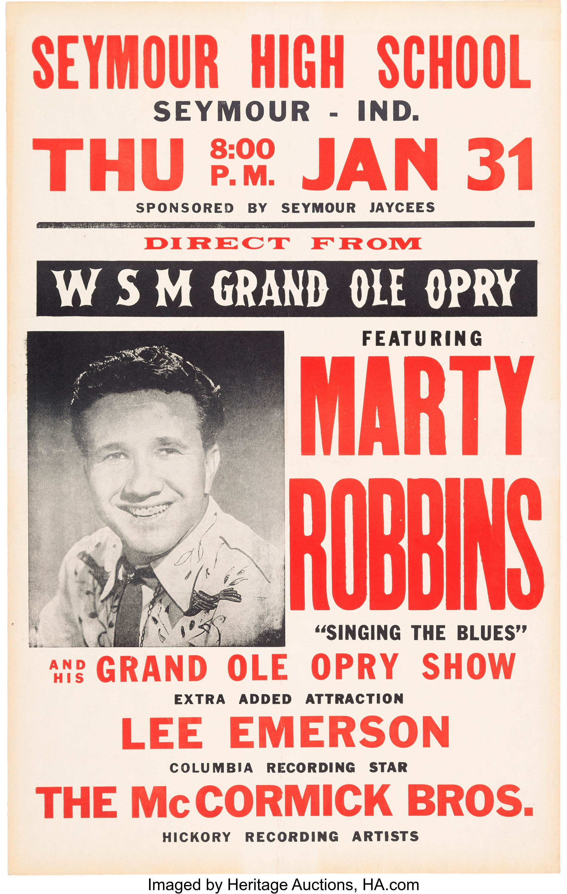 Marty Robbins 1957 High School Boxing-Style Concert Poster... Music ...