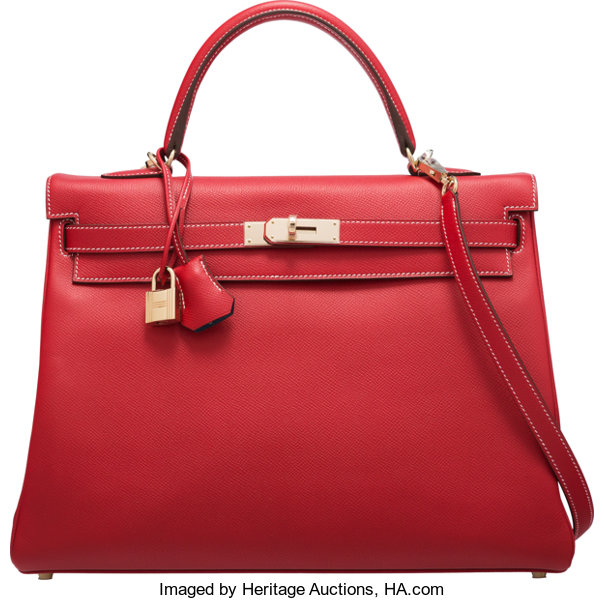 Hermès 35cm Rouge Casaque & Cobalt Epsom Leather Retourne Kelly