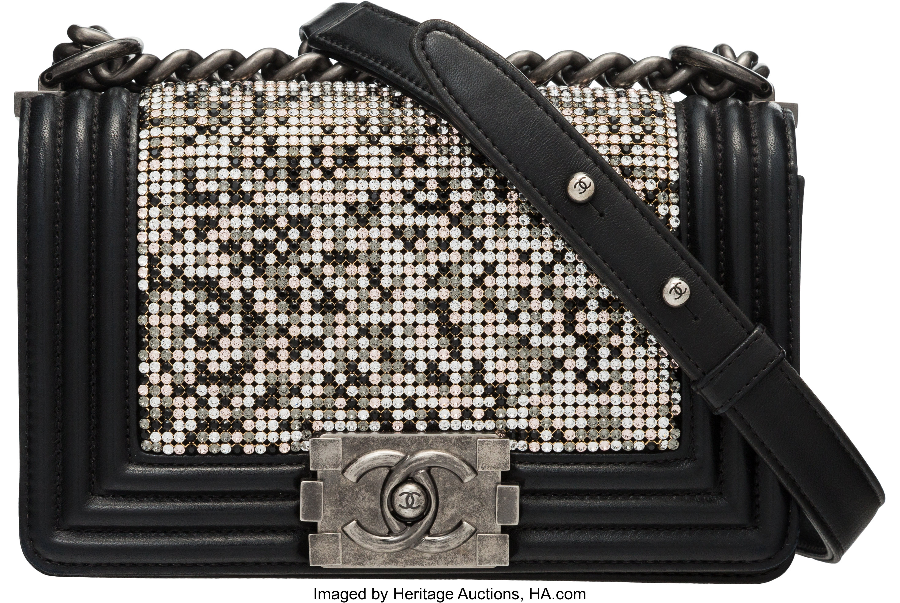 Black Leather With Swarovski Crystals And Rivets Handbag - Forever