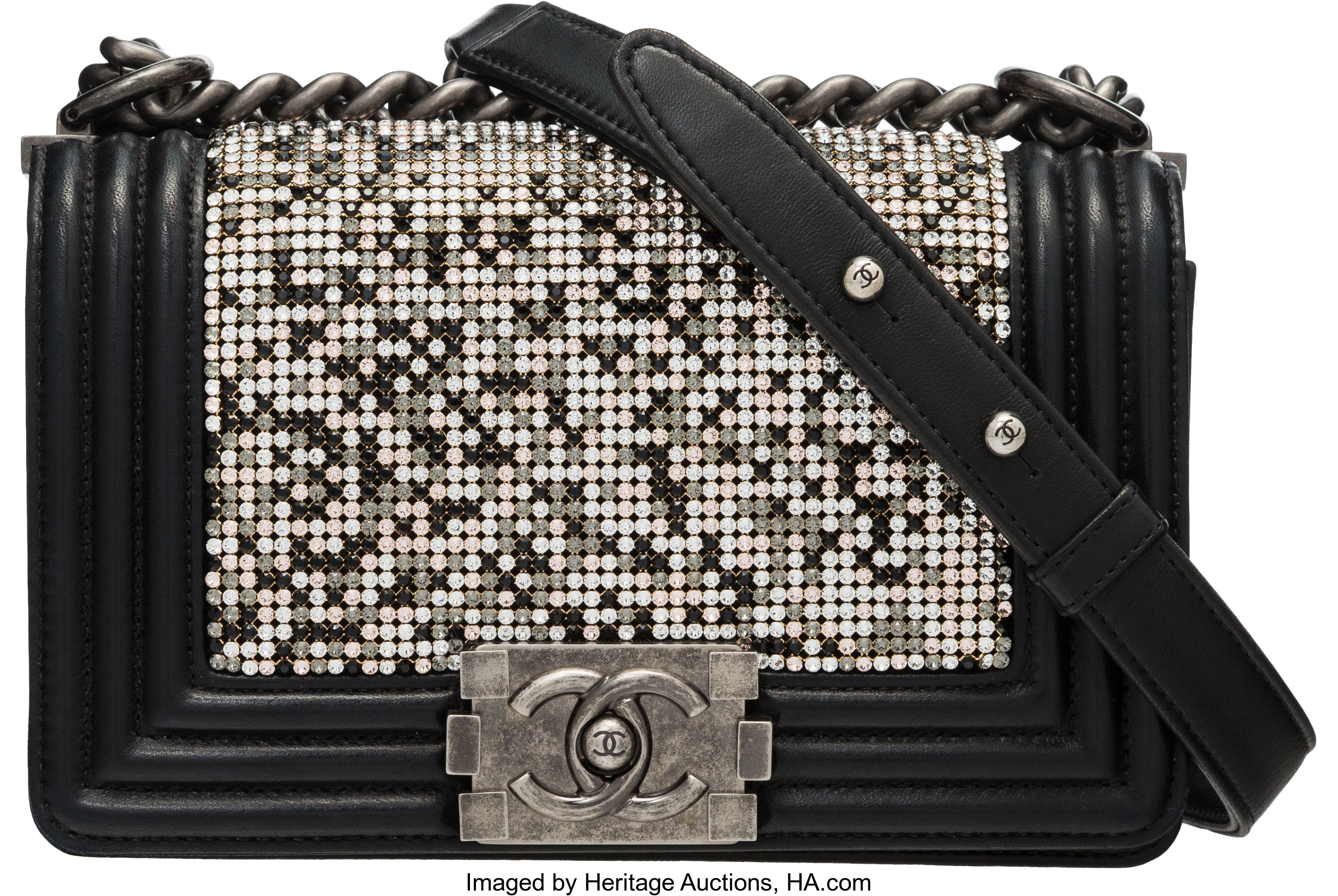 Chanel Swarovski Crystal Boy Bag- Black Leather with Ruthenium HW at 1stDibs