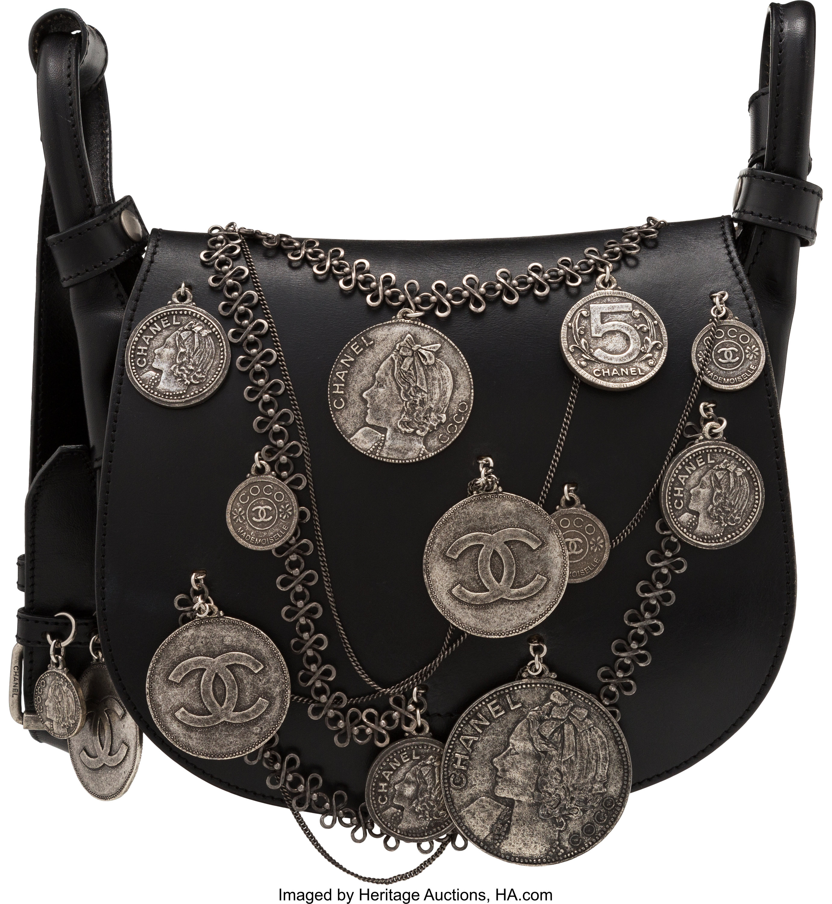 Chanel Black Leather Medallion Coins Saddle Bag. Condition: 2. 8.5
