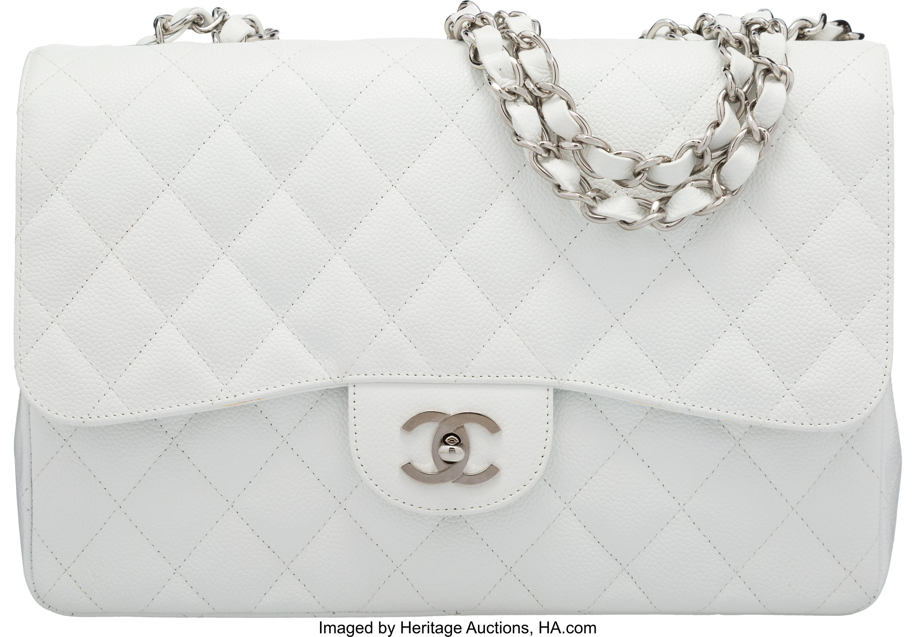 Chanel White Caviar Leather Medium Classic Flap Bag with Silver Hardware