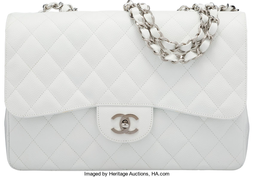 Chanel White Caviar Leather Medium Classic Flap Bag with Silver