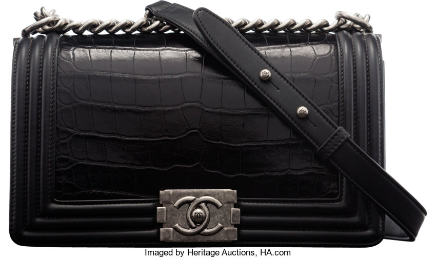 Sold at Auction: Chanel Medium Black Croc Embossed Leather Shoulder Bag