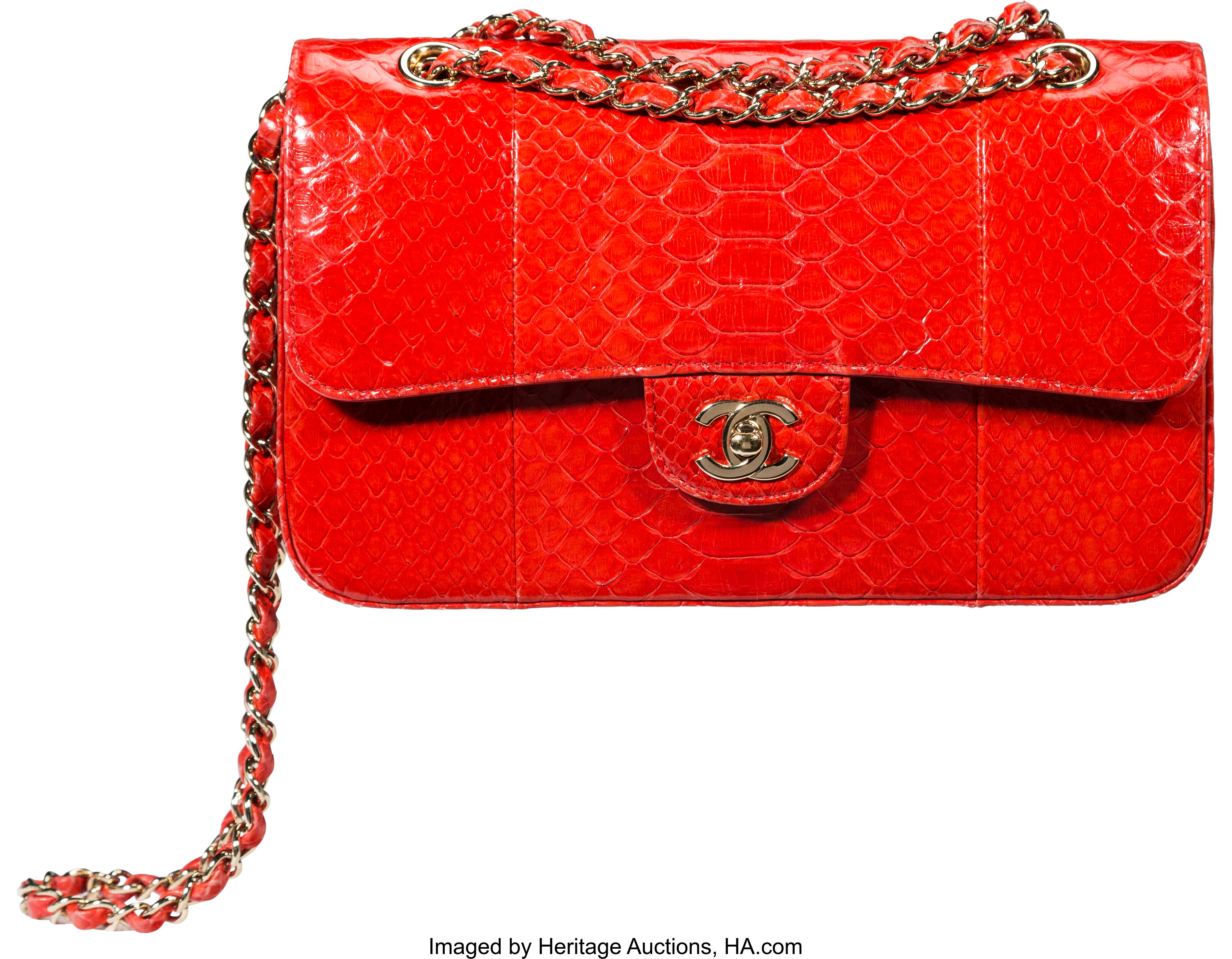 Chanel Red Python Medium Double Flap Bag with Gold Hardware., Lot #58108