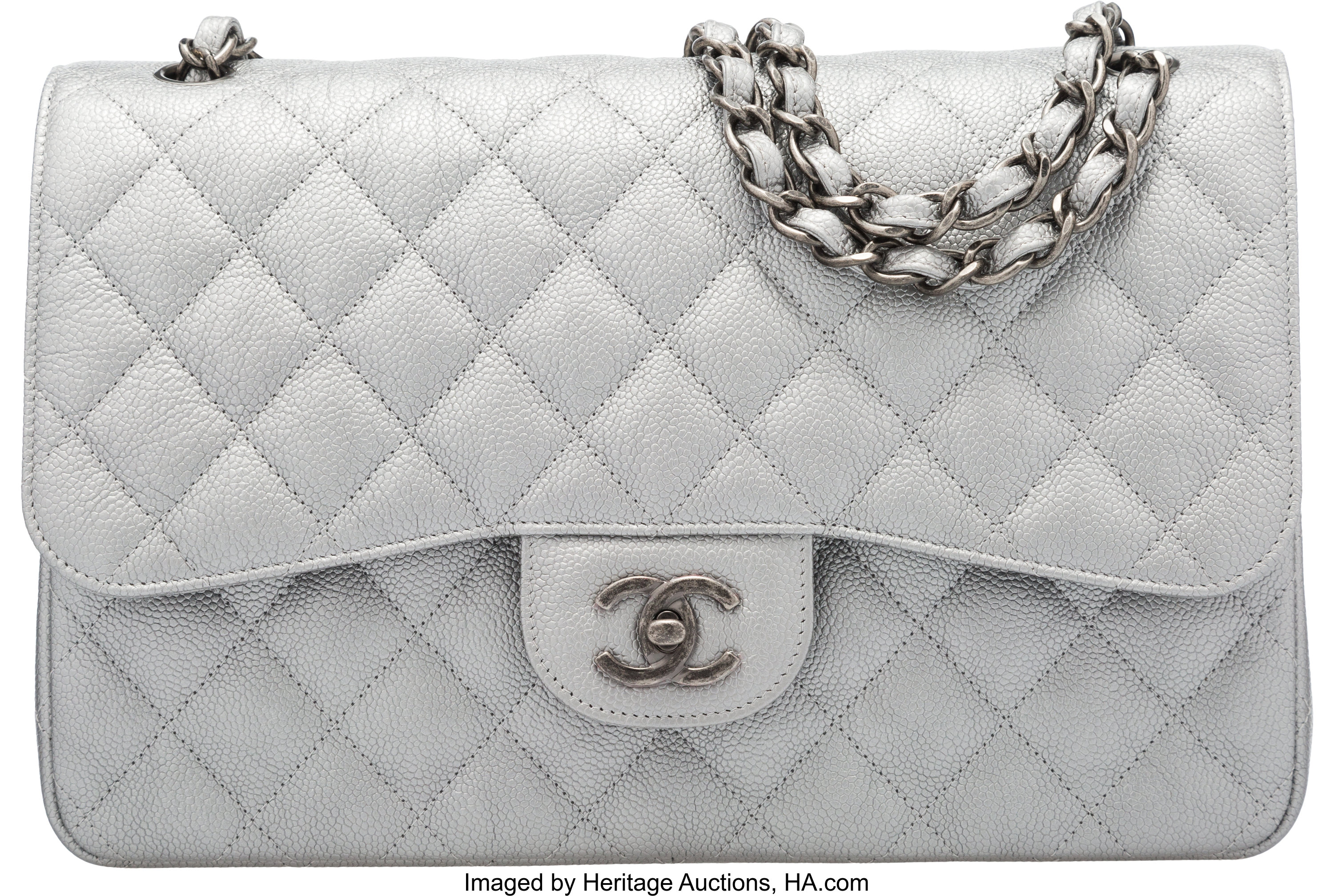 Chanel Silver Metallic Quilted Caviar Leather Double Flap Bag with, Lot  #58226