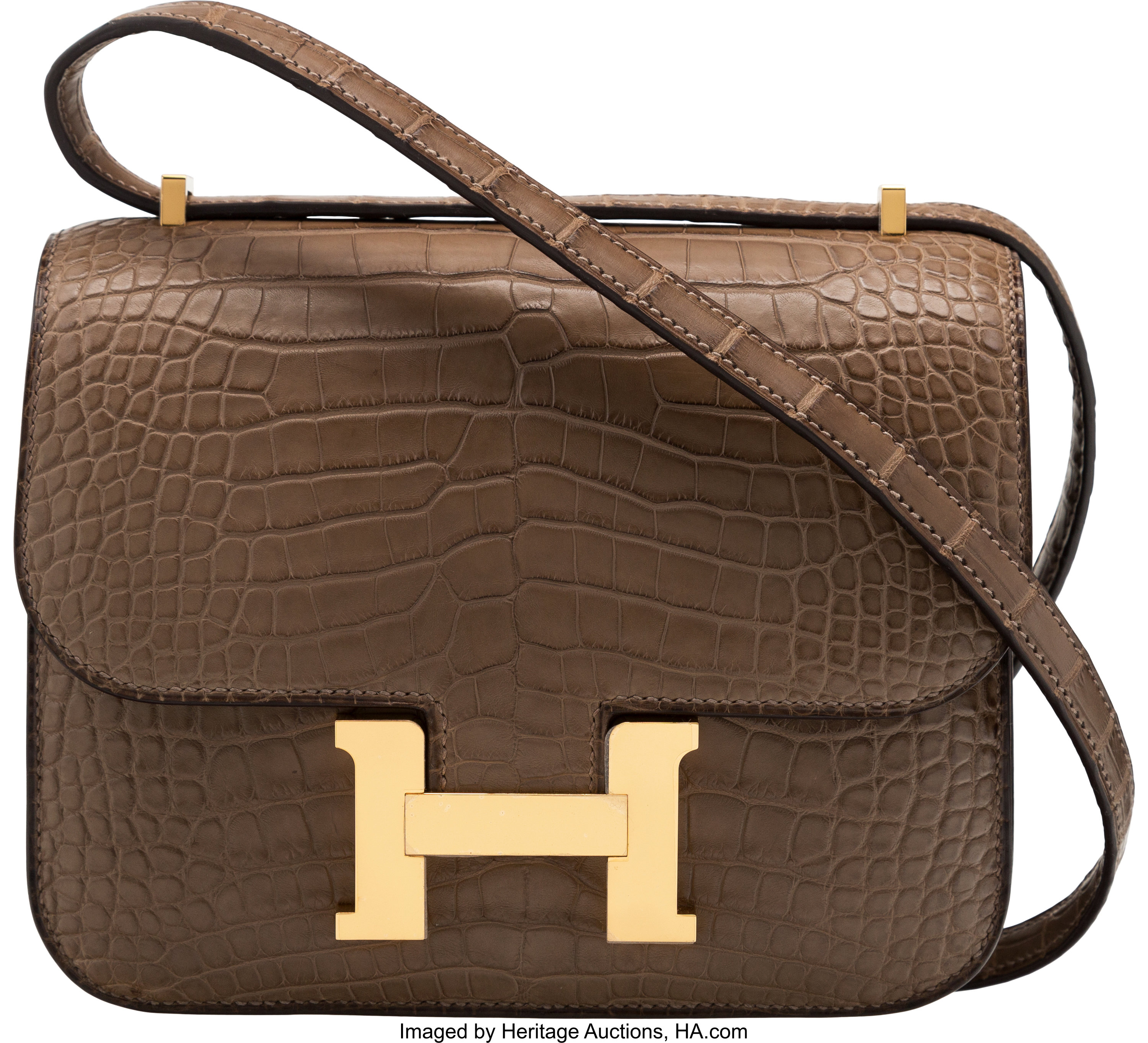 Hermes 23cm Vert Olive Ostrich Leather Gold Plated Constance Bag