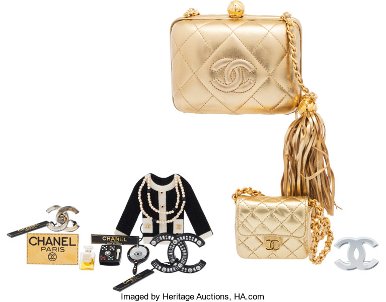 Chanel Set of Eight: Gold Clutch, Gold Micro Mini Flap Bag, &, Lot #58292