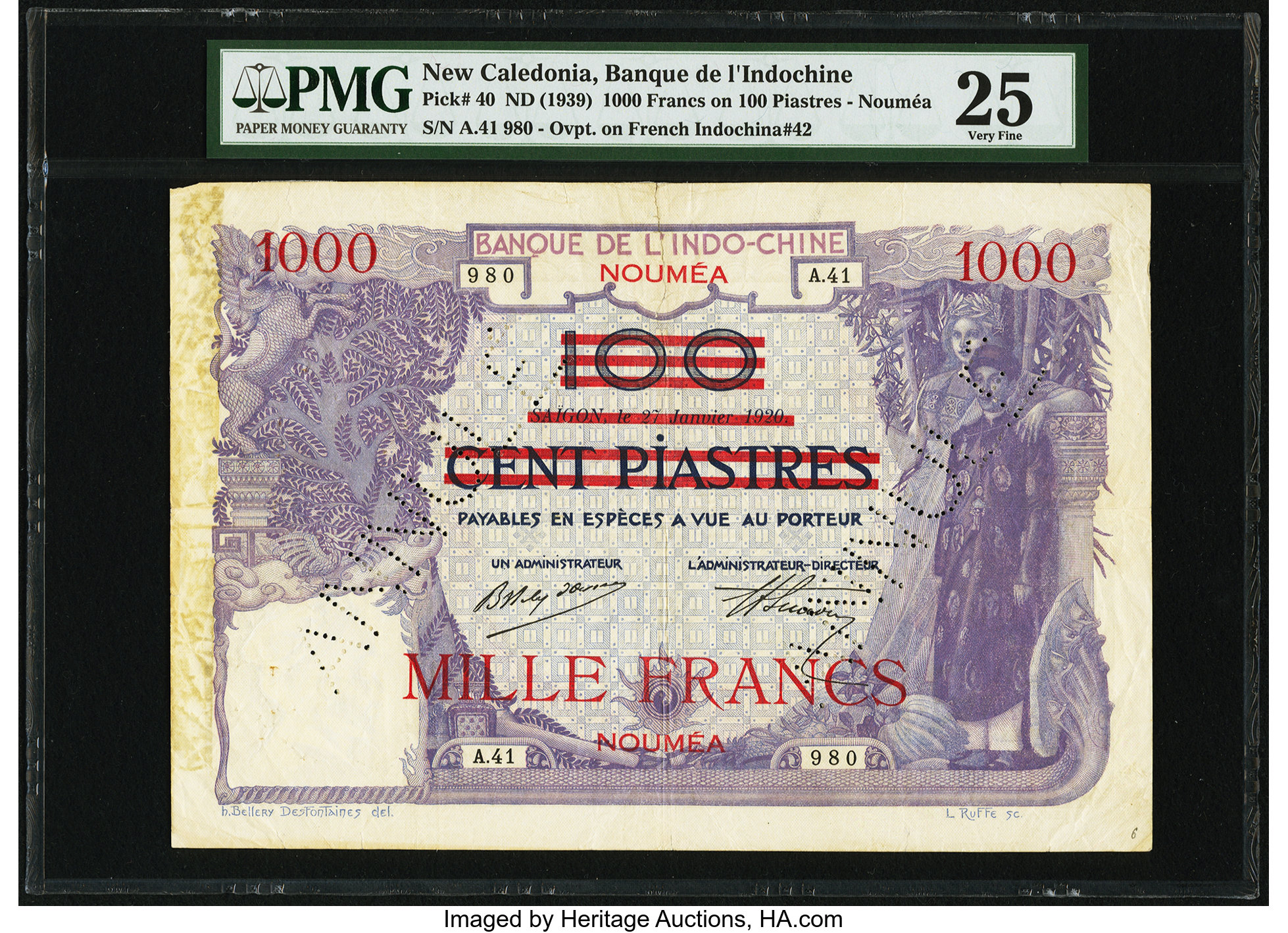 New Caledonia Banque de l'Indochine 1000 Francs on 100 Piastres ND