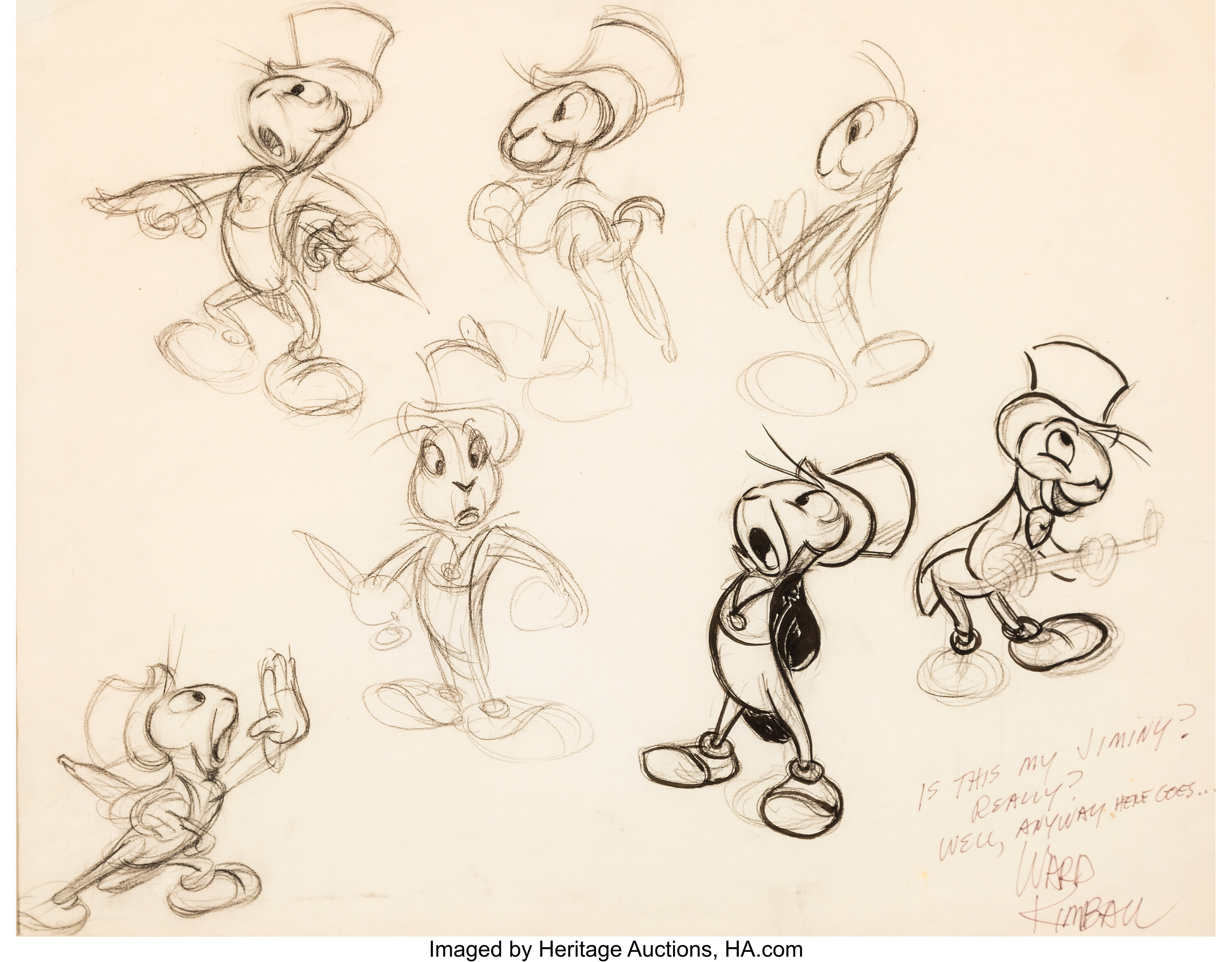 Pinocchio Jiminy Cricket Animator's Practice/Model Sheet (Walt | Lot ...