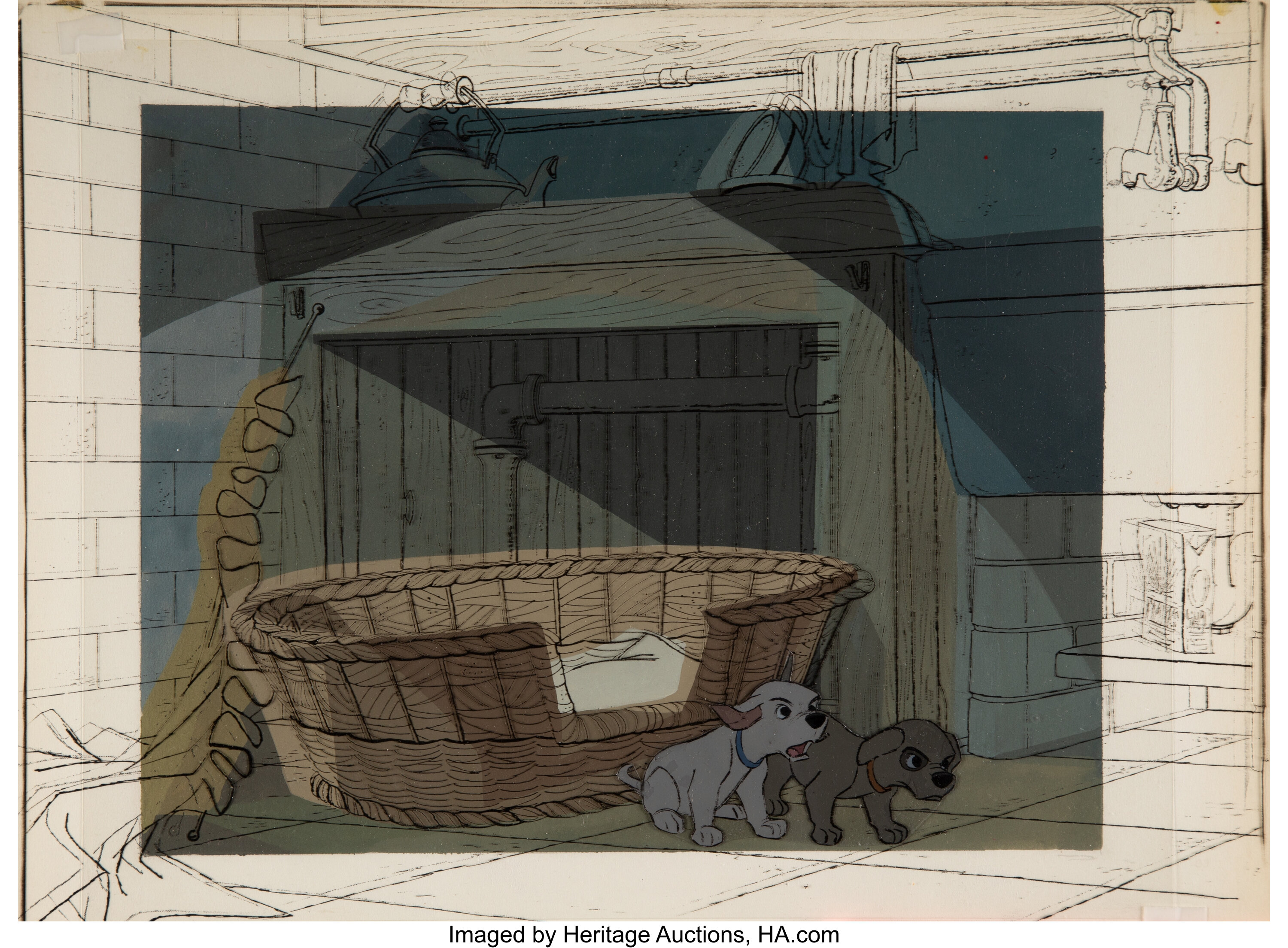 101 Dalmatians Painted Production Background with Key Line Test Cel ...