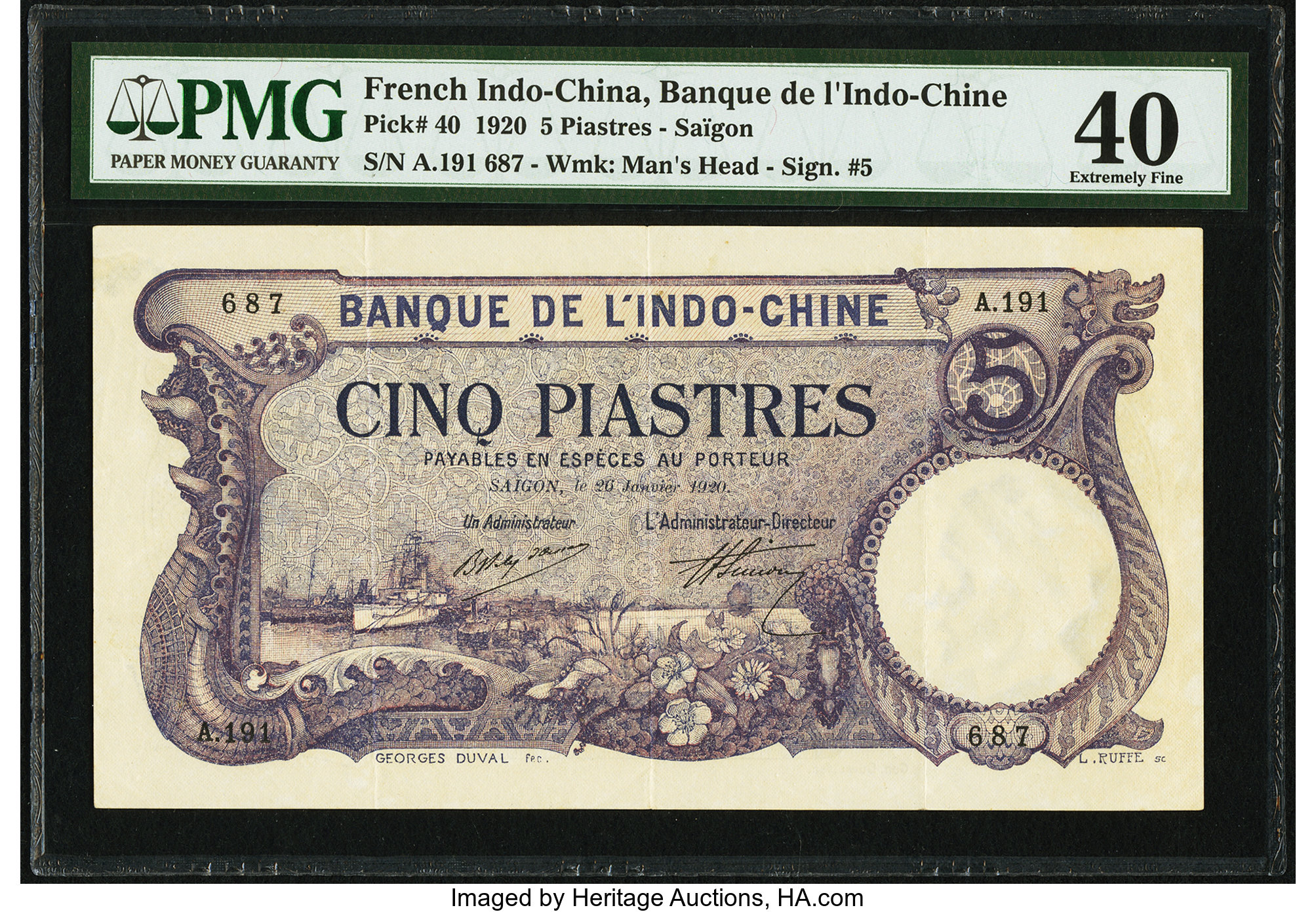 French Indochina Banque De L Indo Chine Saigon 5 Piastres Lot Heritage Auctions