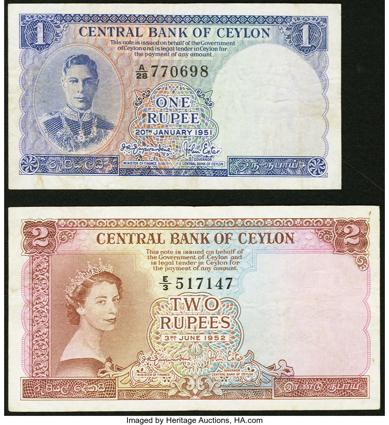 Ceylon Central Bank of Ceylon 1 Rupee 20.1.1951 Pick 47; 2 Rupees | Lot ...