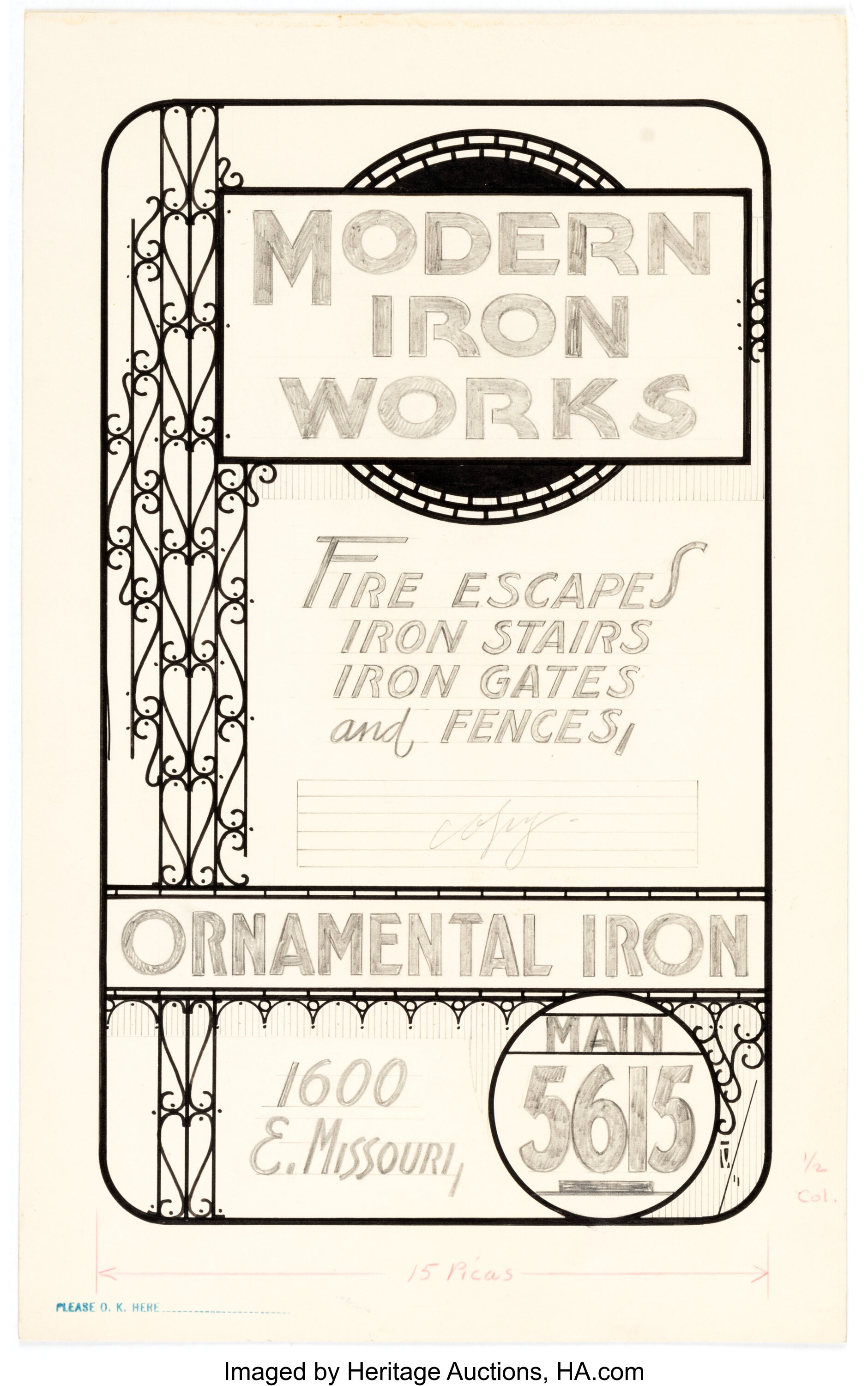 Edgar Church Modern Iron Works Decorative Advertising Original Art