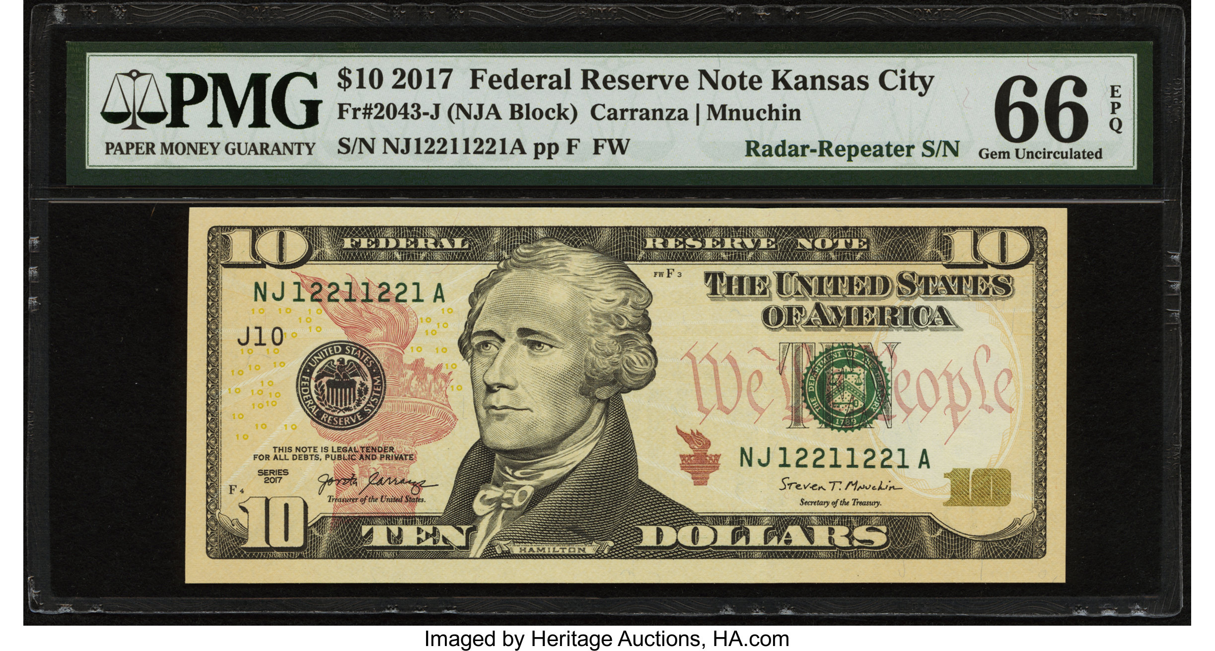 Gem Uncirculated 2017 Ten Dollar Bill Unique Number 44499995B $10 Bills