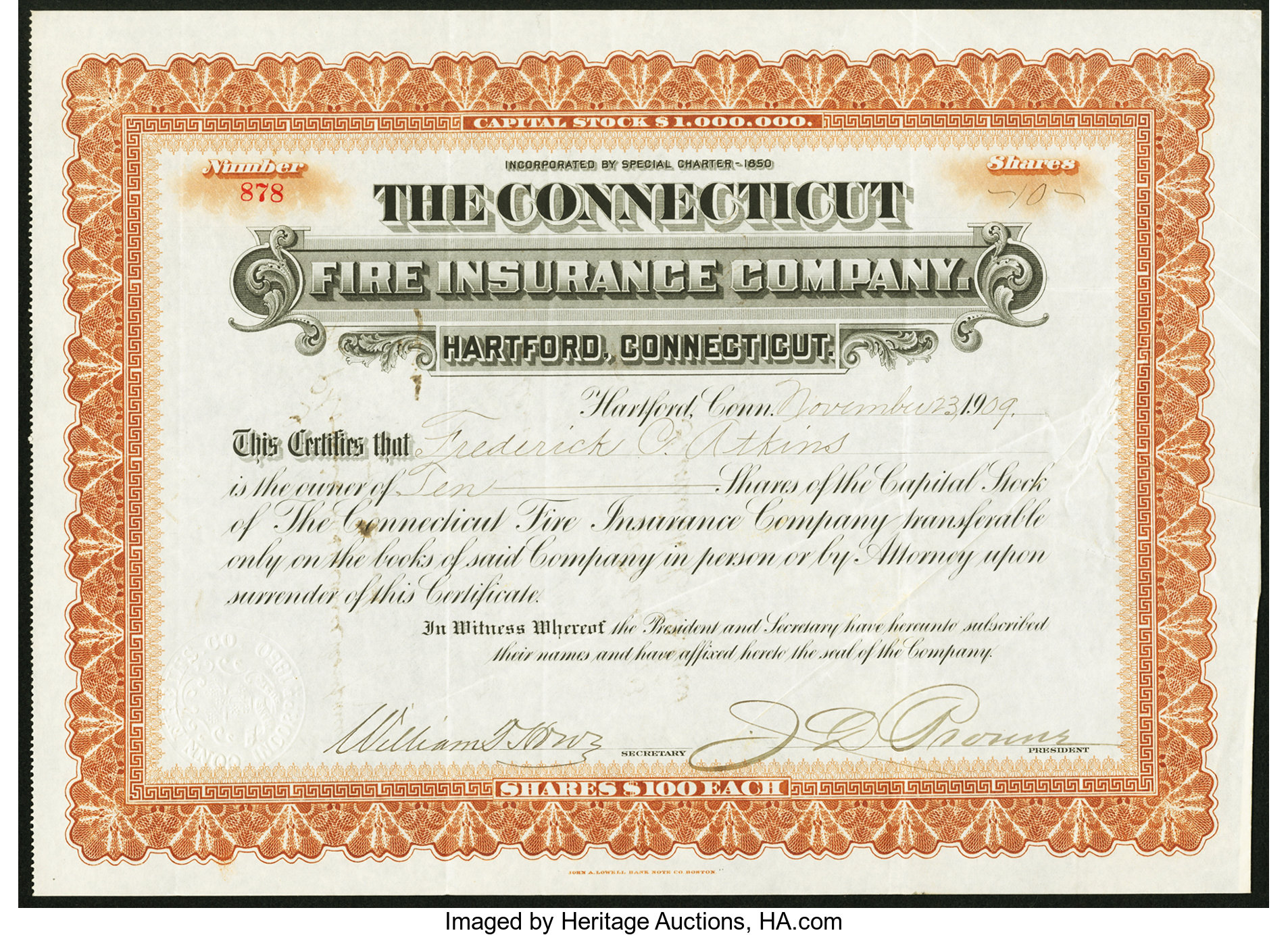 Insurance Stock Certificates Four Examples Fine Or Better Lot 82104 Heritage Auctions