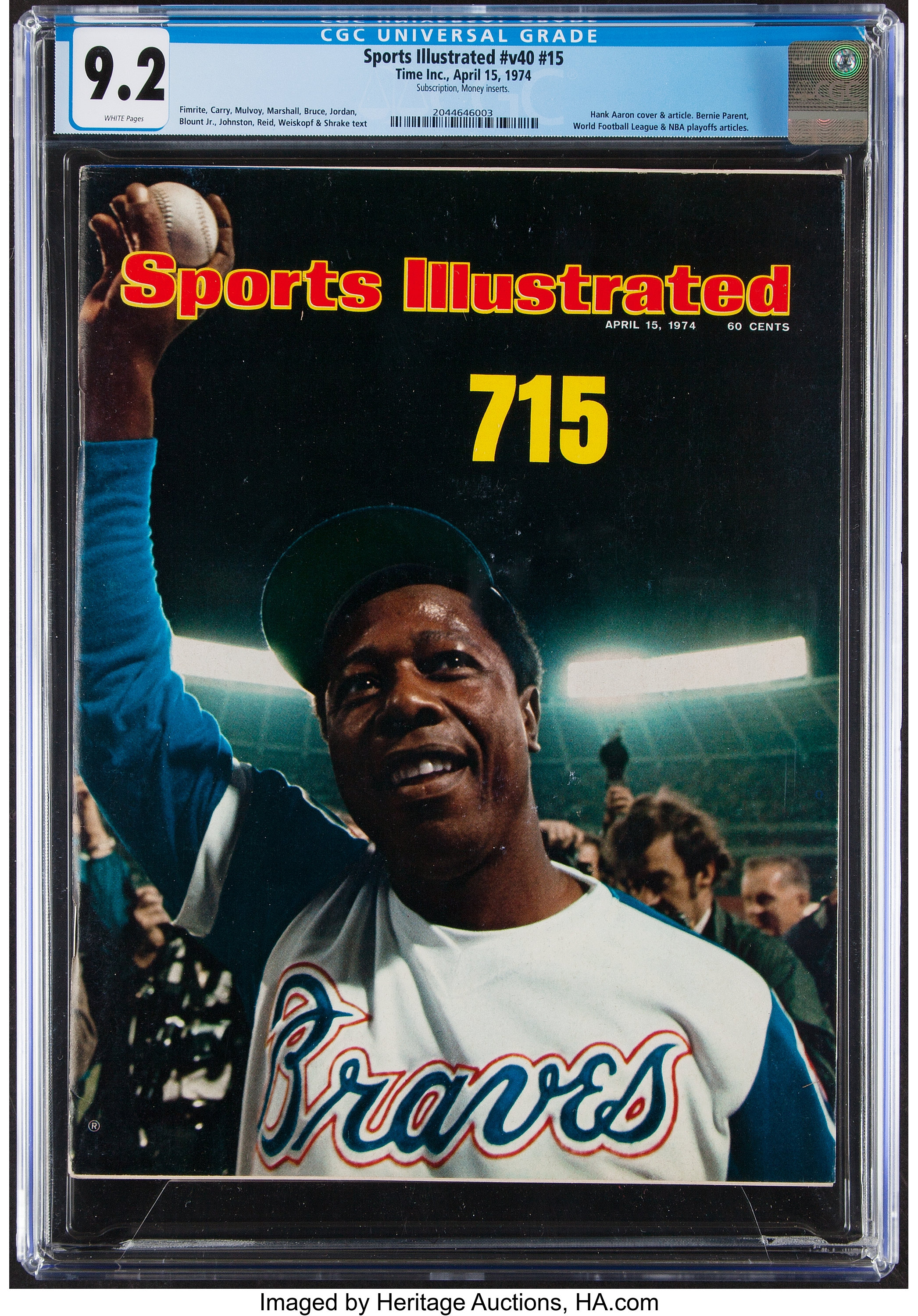 1974 Hank Aaron Sports Illustrated Magazine CGC 9.2 - Pop Two with, Lot  #42230