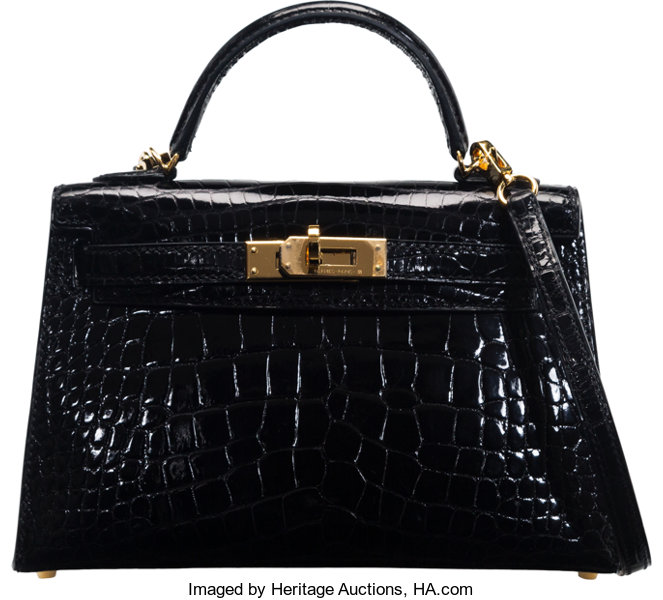 Hermes 20cm Shiny Black Alligator Sellier Mini Kelly Bag with Gold, Lot  #58172