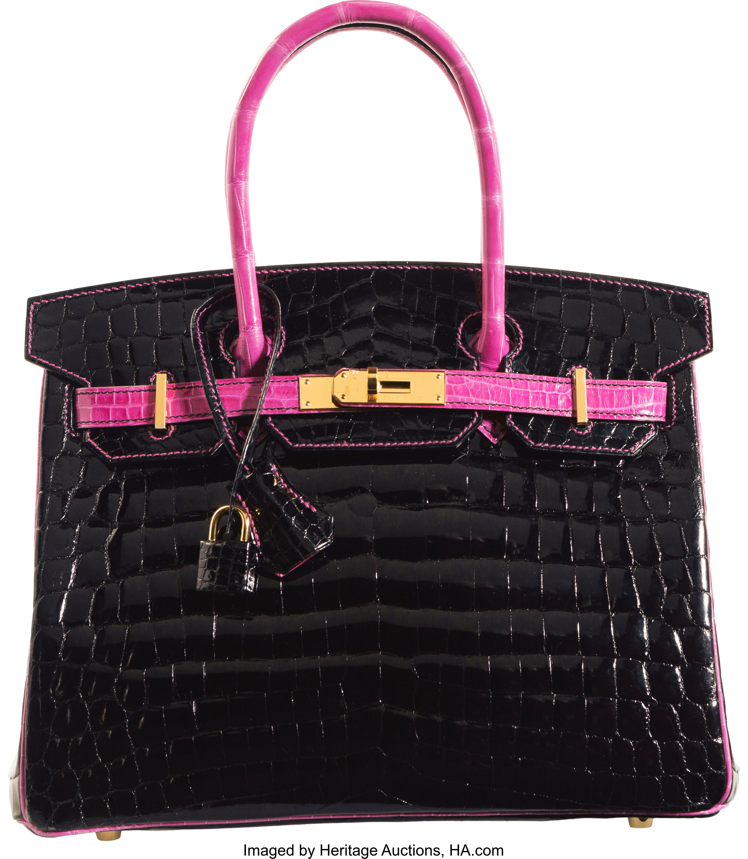 Hermes 30cm Shiny Black Porosus Crocodile Birkin Bag with Gold, Lot #58102