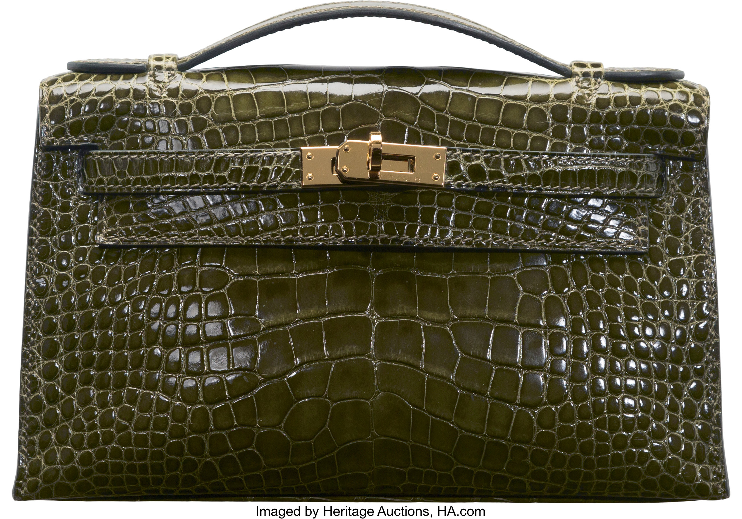 Hermès Shiny Vert Veronese Alligator Kelly Pochette Bag with Gold, Lot  #14005