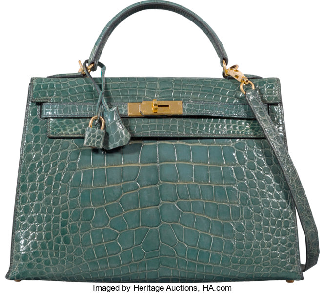 Hermes 32cm Blue Jean Porosus Crocodile Sellier Kelly Bag with