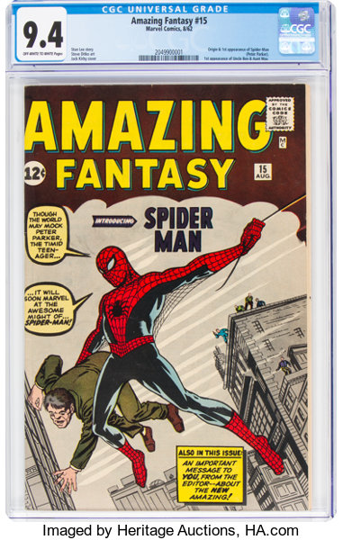 Silver Age (1956-1969):Superhero, Amazing Fantasy #15 (Marvel, 1962) CGC NM 9.4 Off-white to white pages....
