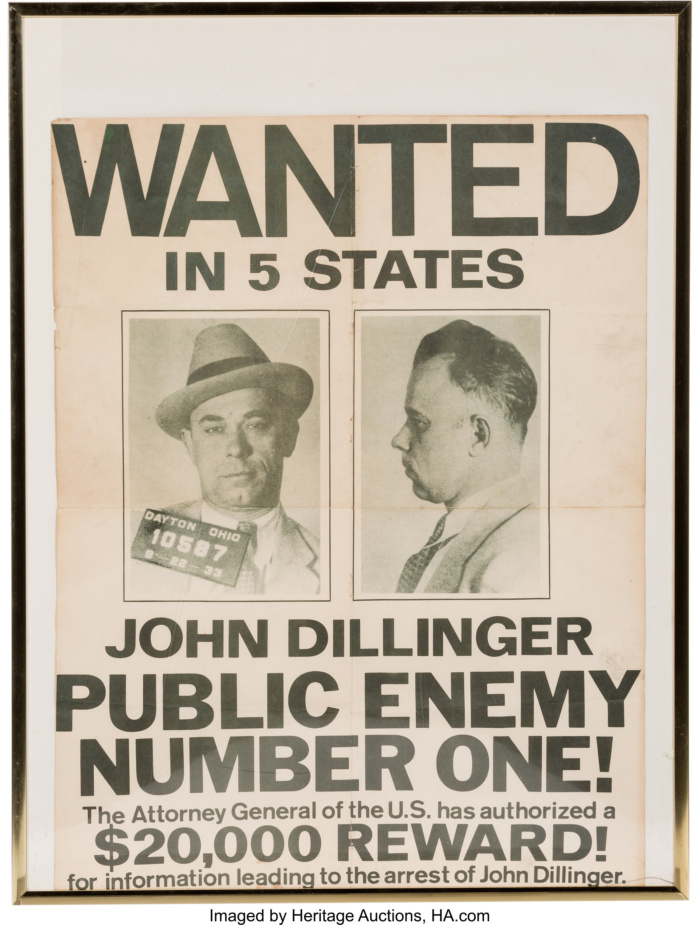 John Dillinger "Public Enemy Number One" Wanted Poster.... Lot