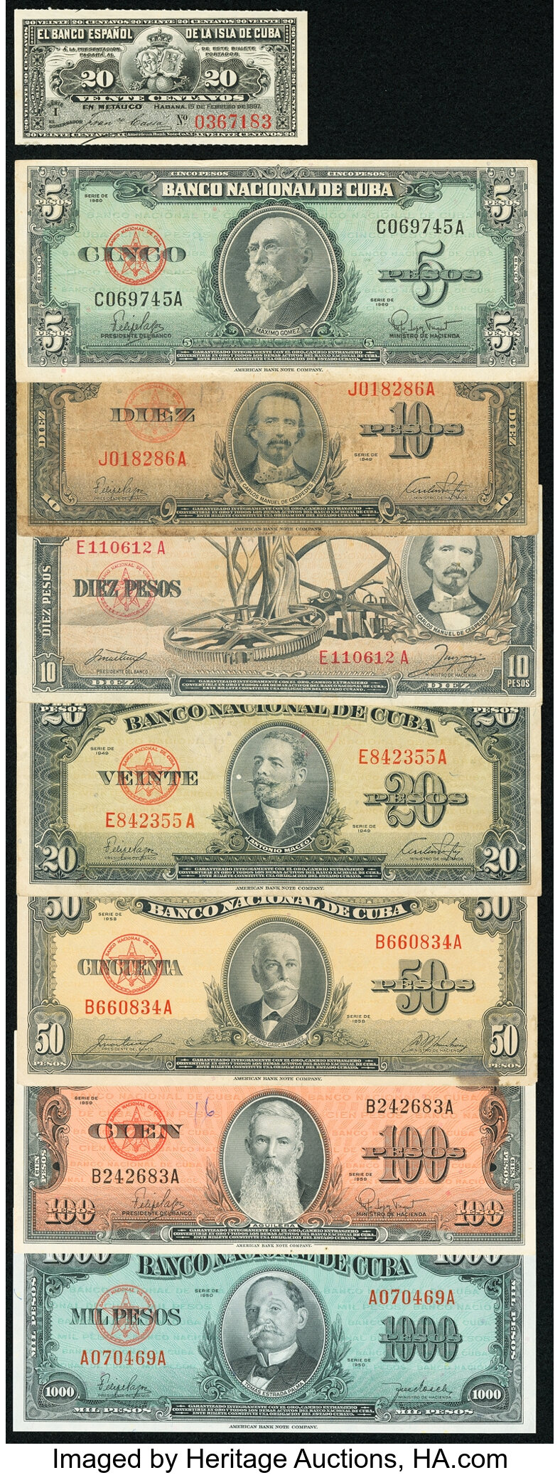 A Varied Selection of Eight Notes from Cuba. Very Good or Better ...