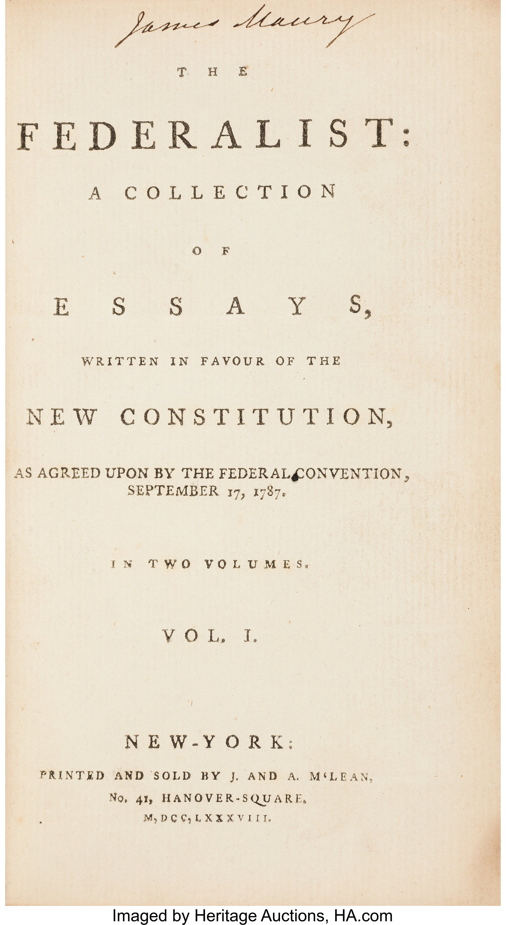 Past auction: [Americana] The Constitution of the United States of America;  As Proposed by the Convention, Held at Philadelphia, September 17, 1787,  and Since Ratified by the Several States. [With the Several