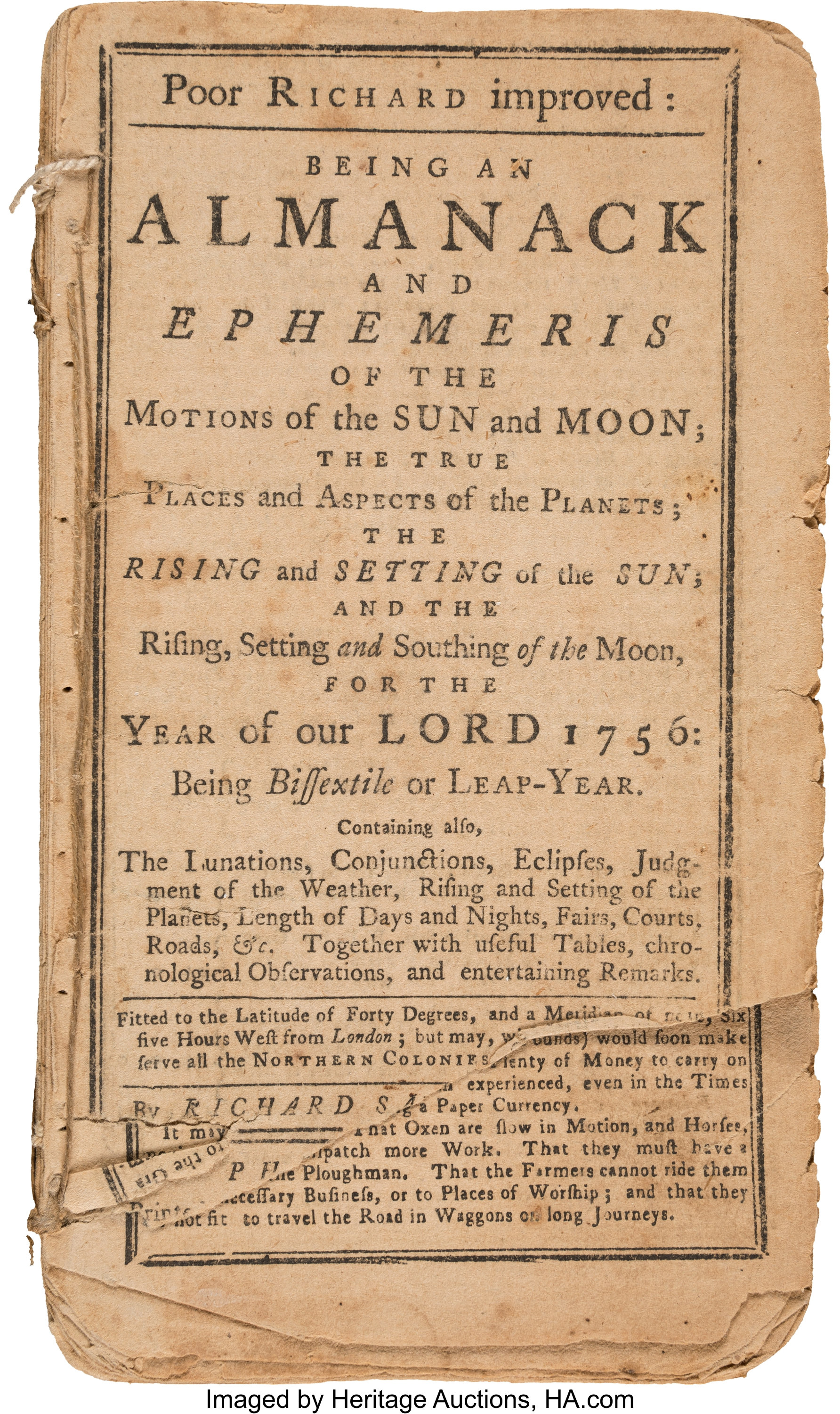 [Benjamin Franklin]. Poor Richard Improved. Being an Almanack and | Lot ...